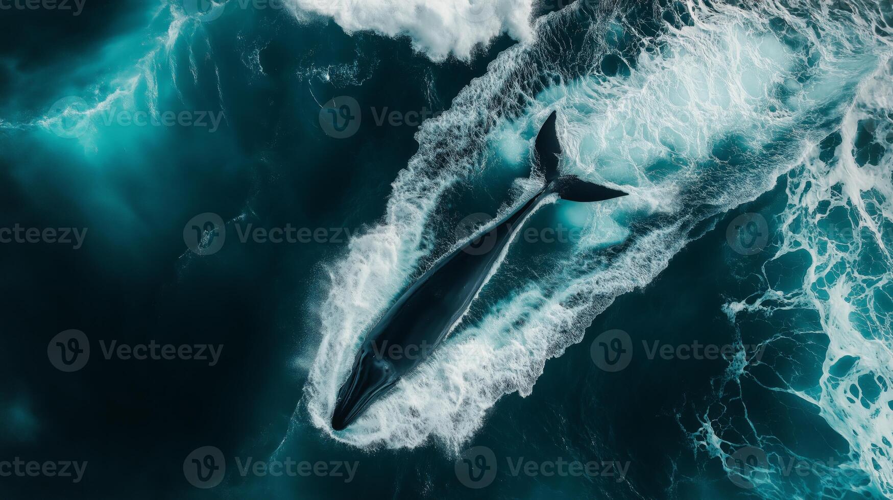 A large blue whale swims gracefully through vibrant blue waters, creating waves as it moves. photo