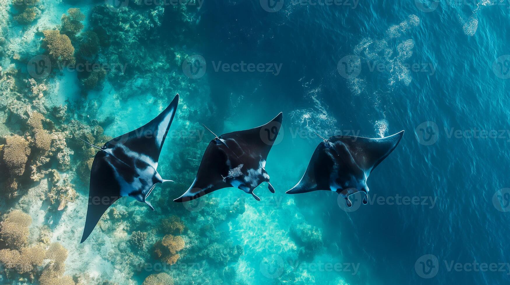 Three manta rays swim elegantly above a vibrant coral reef in tropical waters during midday. photo
