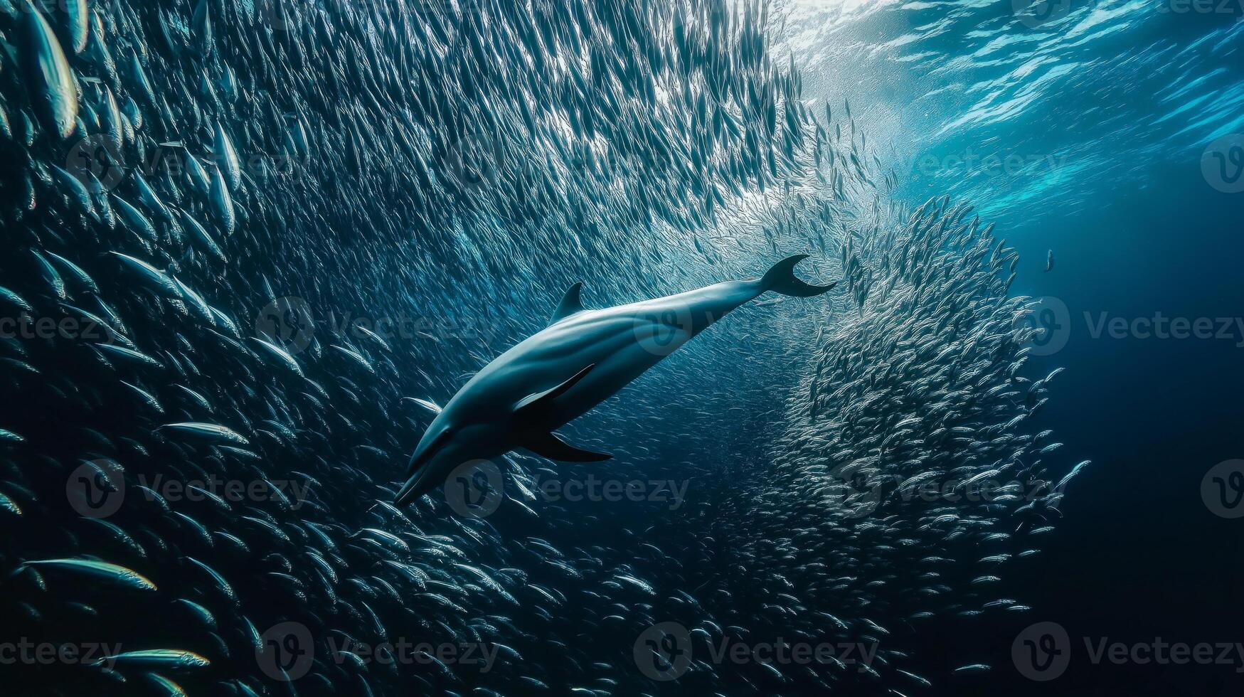 A dolphin maneuvers playfully through a dense school of tiny fish in deep blue waters. photo