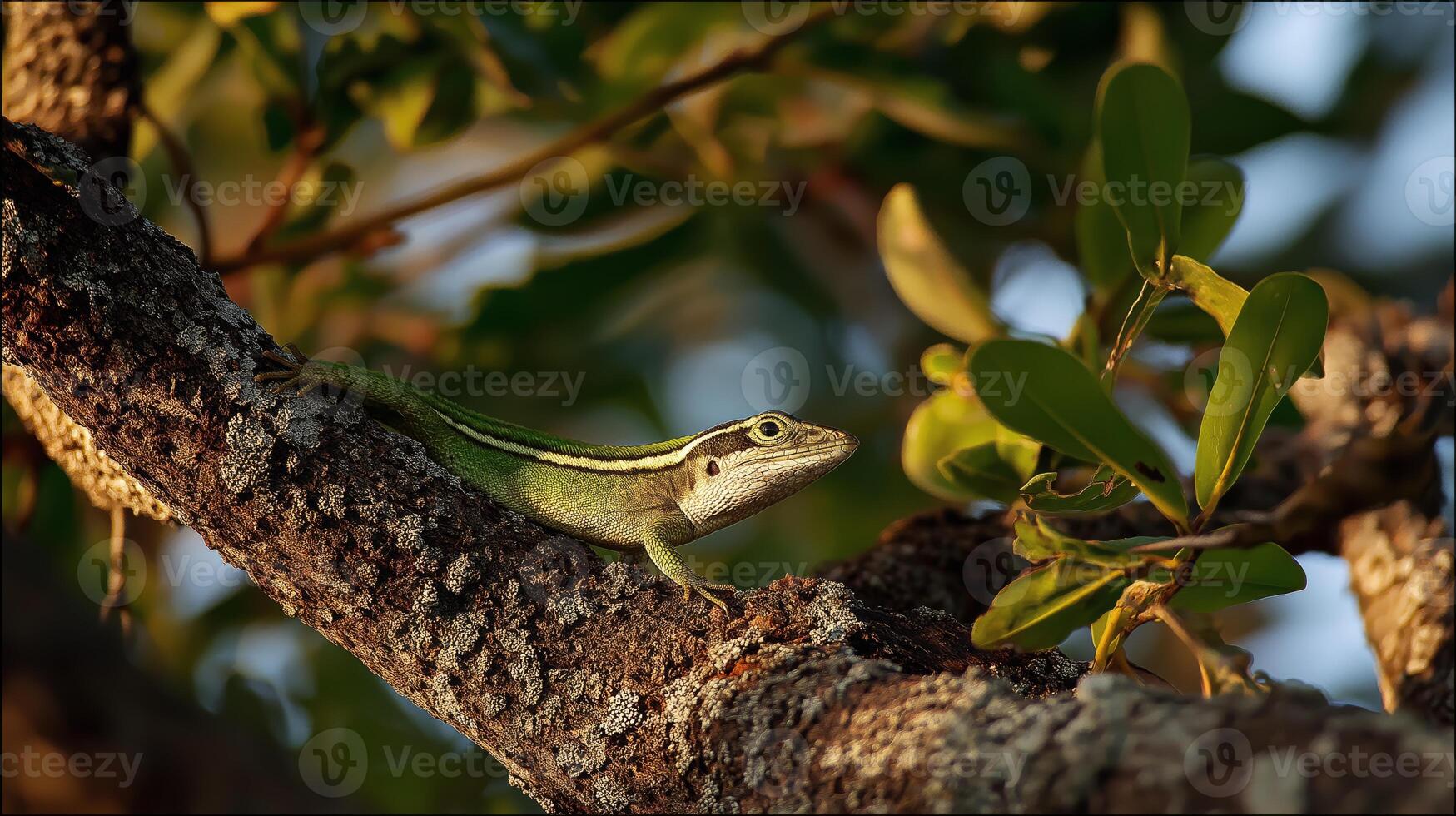 A vibrant green lizard rests on a textured tree branch with leaves around it. photo