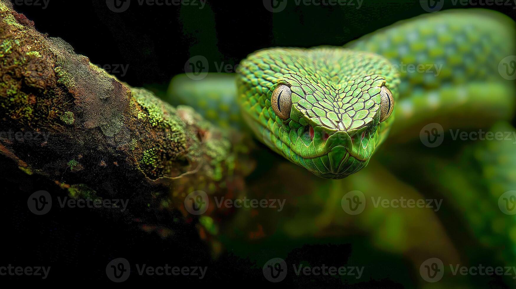 A vibrant green snake rests on a mossy branch in a lush rainforest, displaying its scales. photo
