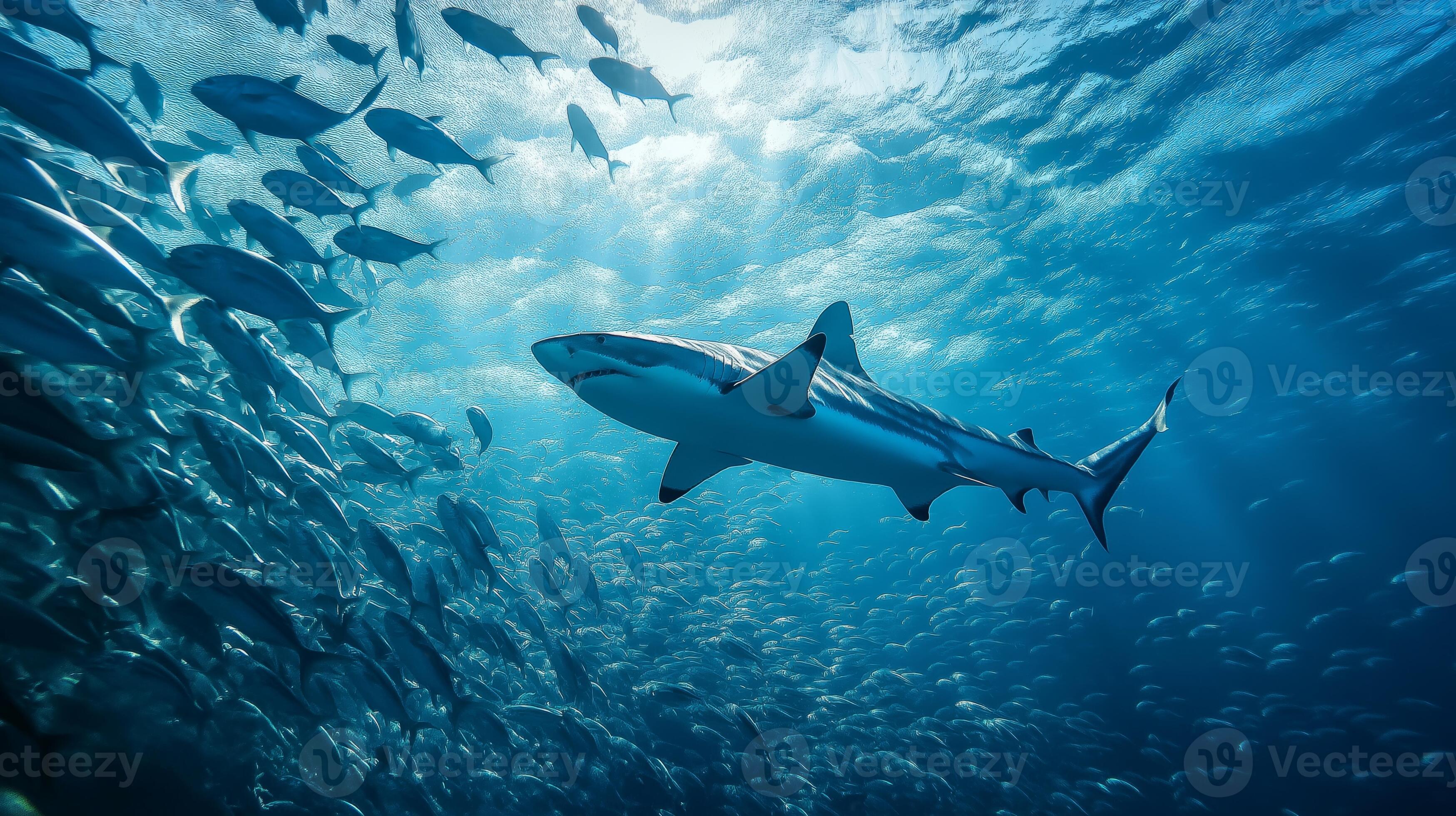 A shark glides gracefully through a school of fish in clear ocean A shark glides gracefully through a school of fish in clear ocean