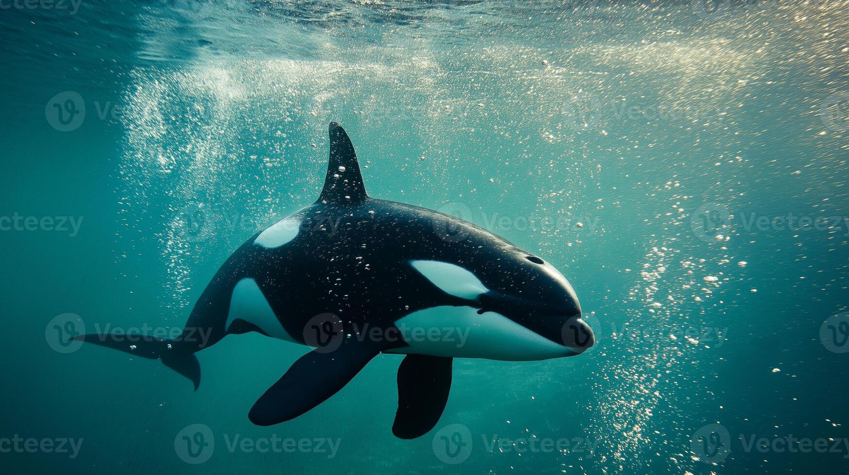 A majestic orca glides effortlessly through sparkling water, showcasing its unique markings. photo
