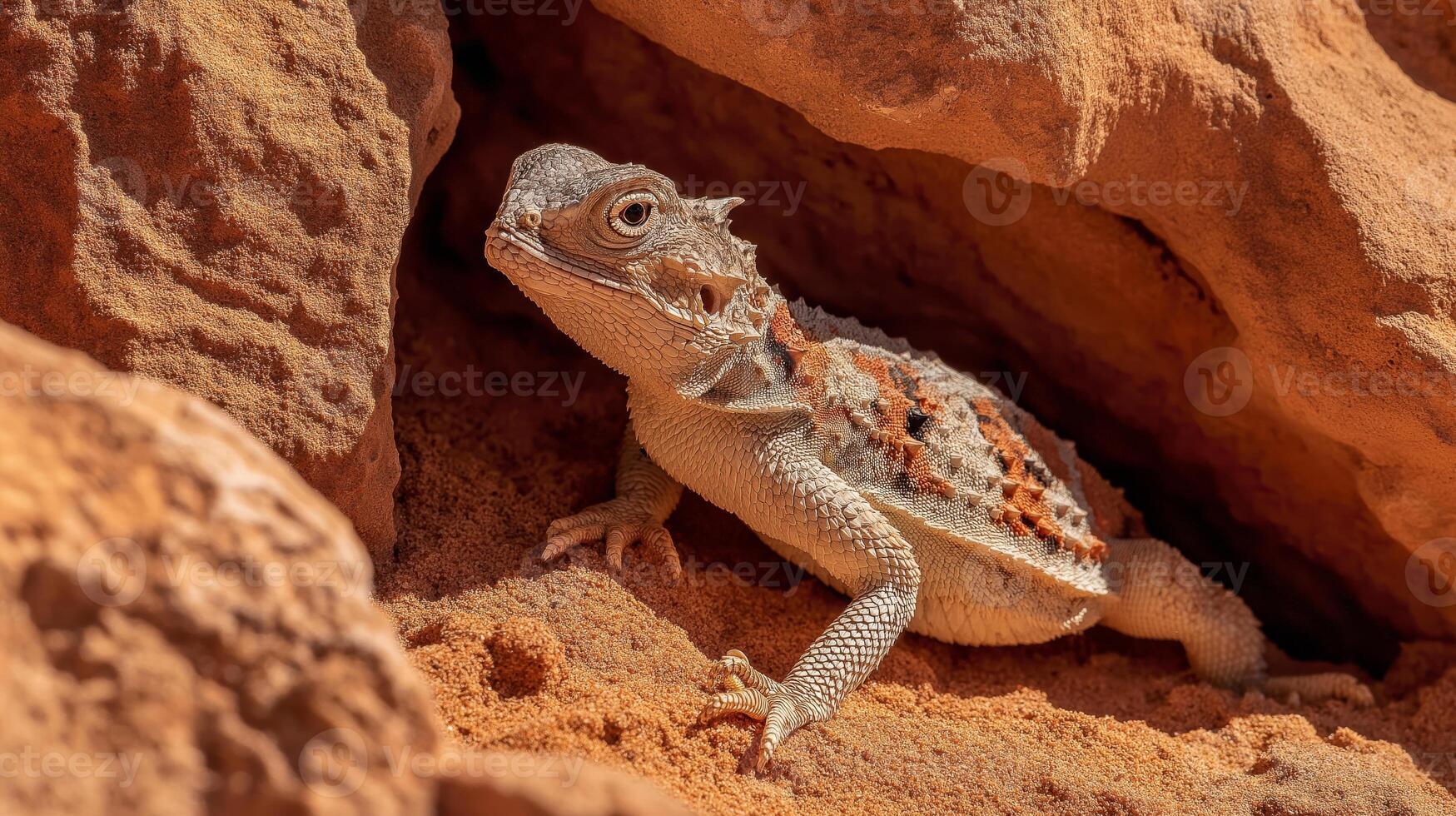 Lizard explores rocky terrain, blending into the desert environment under bright sunlight. photo
