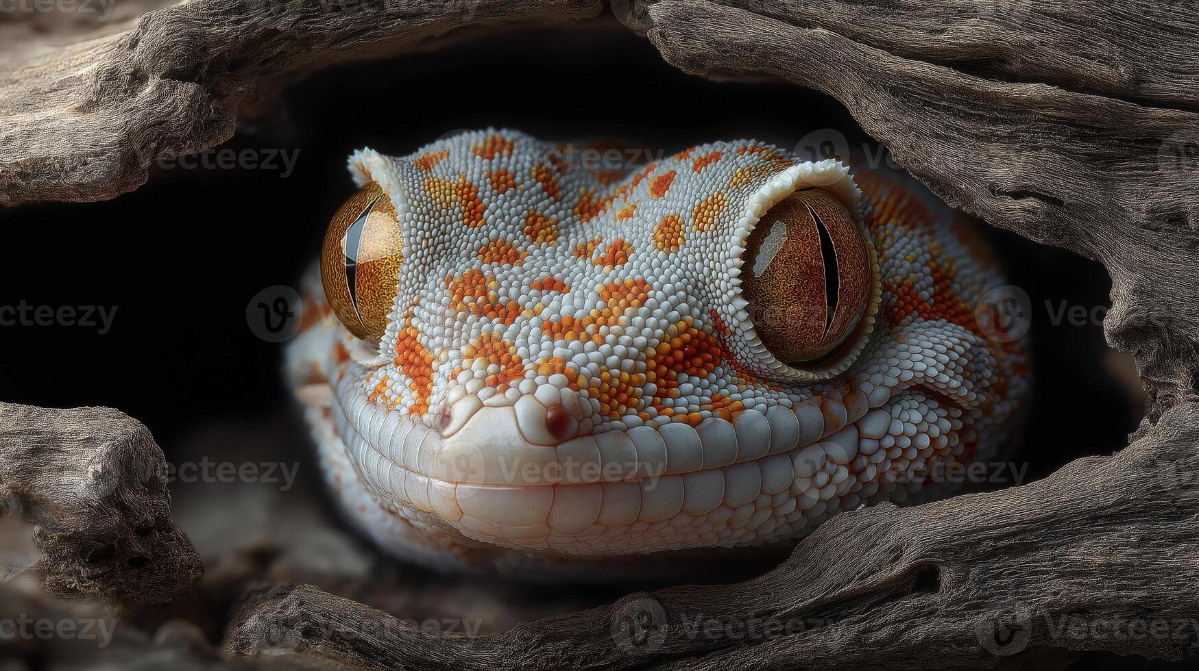 A gecko with vibrant skin patterns observes its surroundings from a hollow in a tree trunk. photo