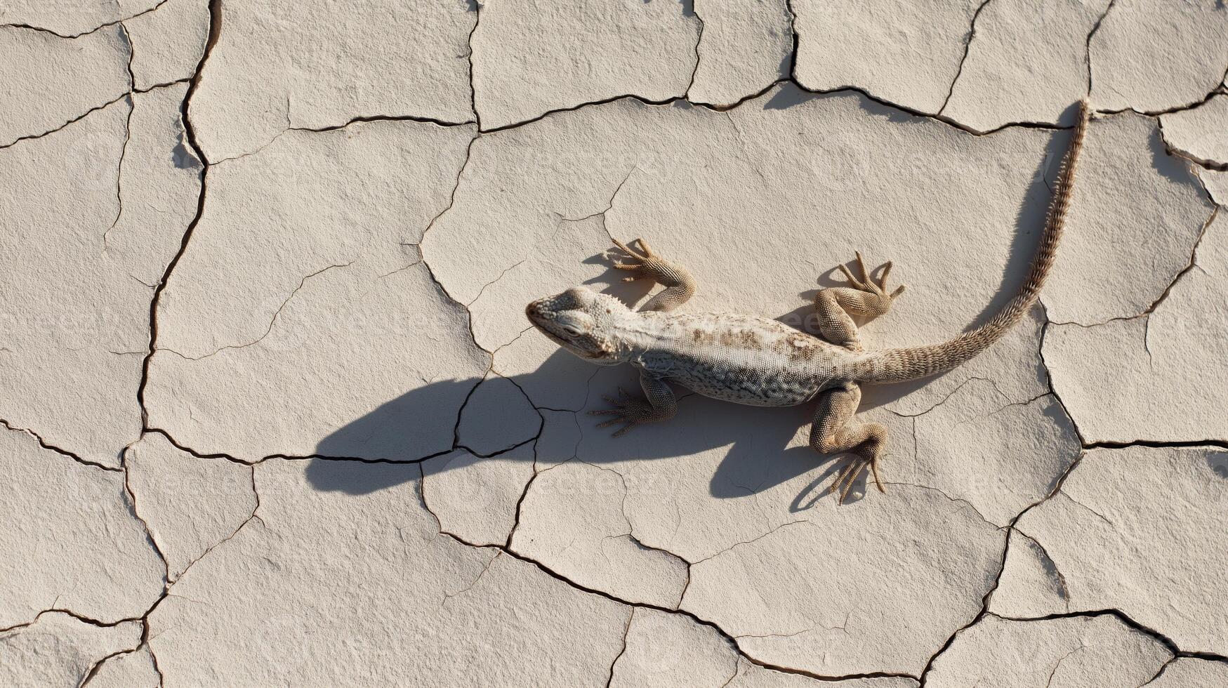 A lizard rests on dry, cracked soil, absorbing sunlight in a warm, arid environment. photo