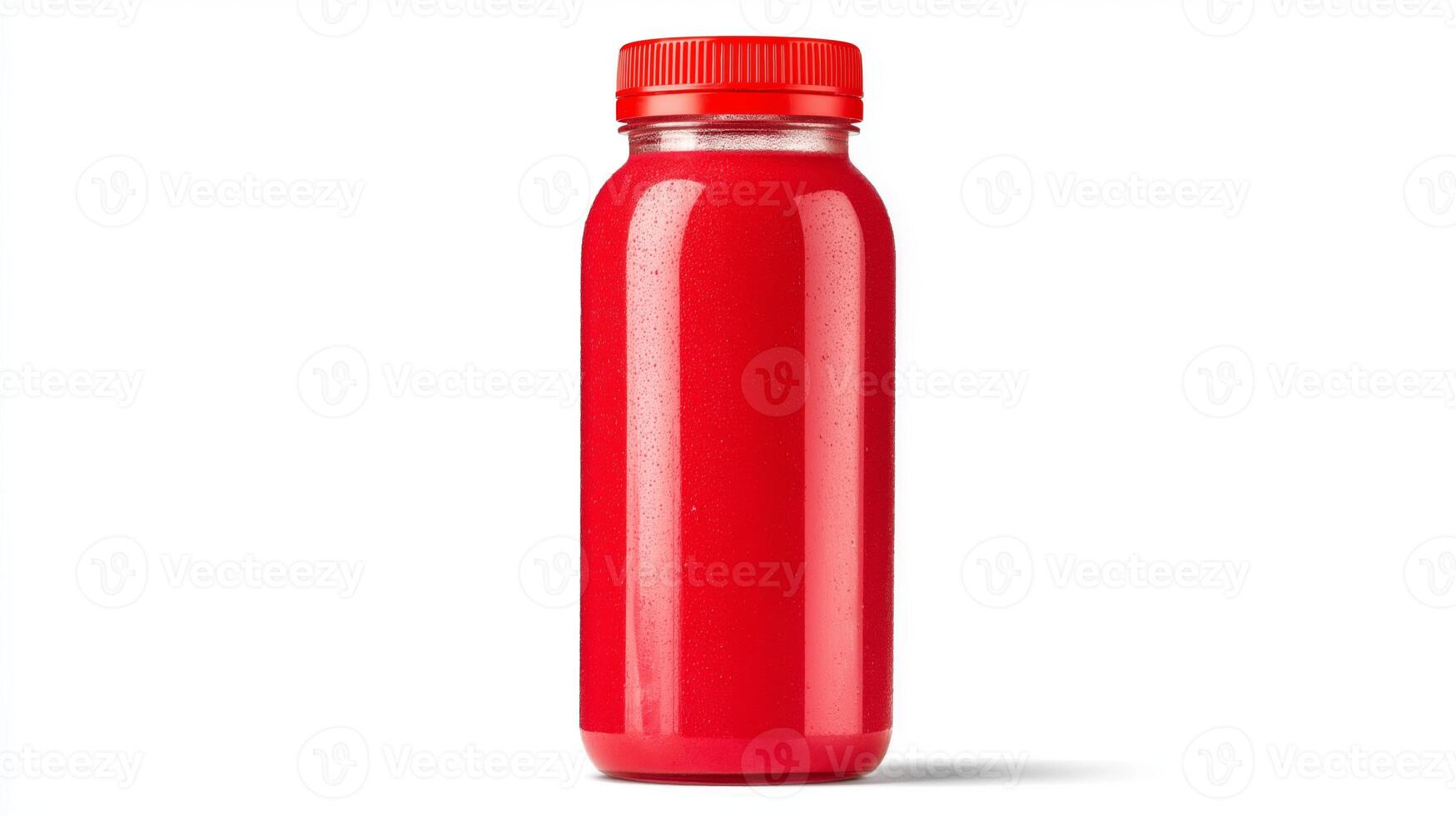 Bright red juice fills a clear glass bottle, showcasing its vibrant color against a white backdrop. photo