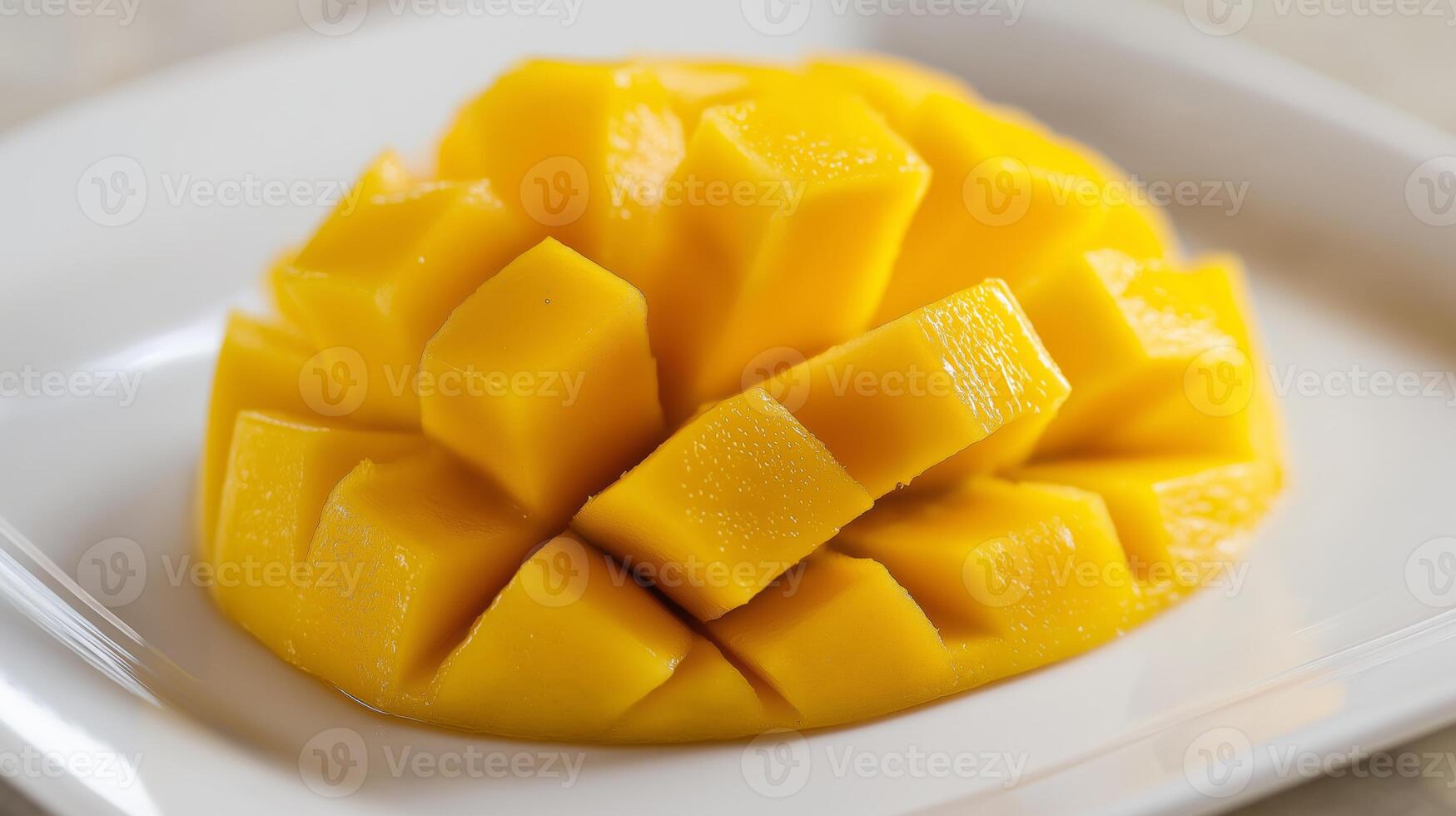 Fresh mango is beautifully sliced and presented on a white plate, showcasing its vibrant color. photo