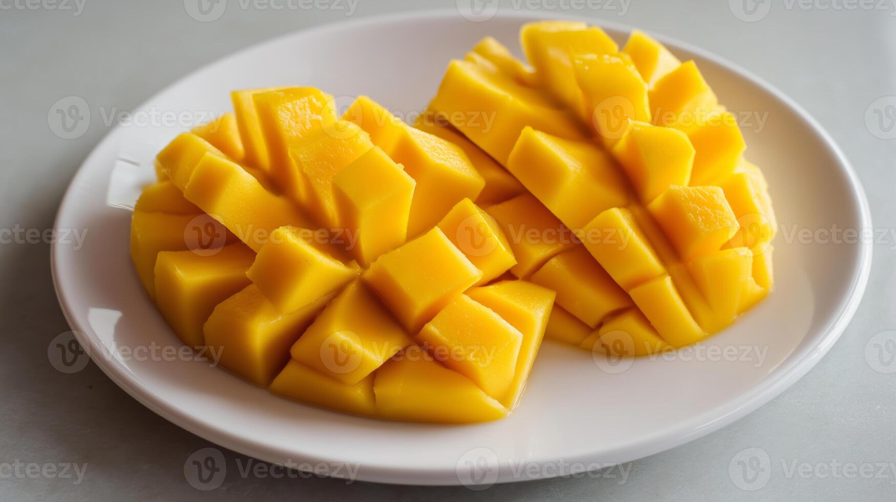 Juicy mango pieces are expertly cut and displayed on a plate, inviting a taste. photo