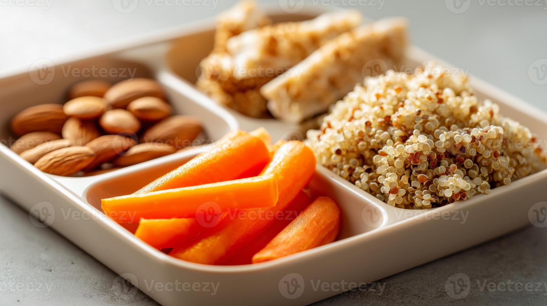 A colorful snack tray features quinoa, carrot sticks, almonds, and neatly arranged protein bars. photo