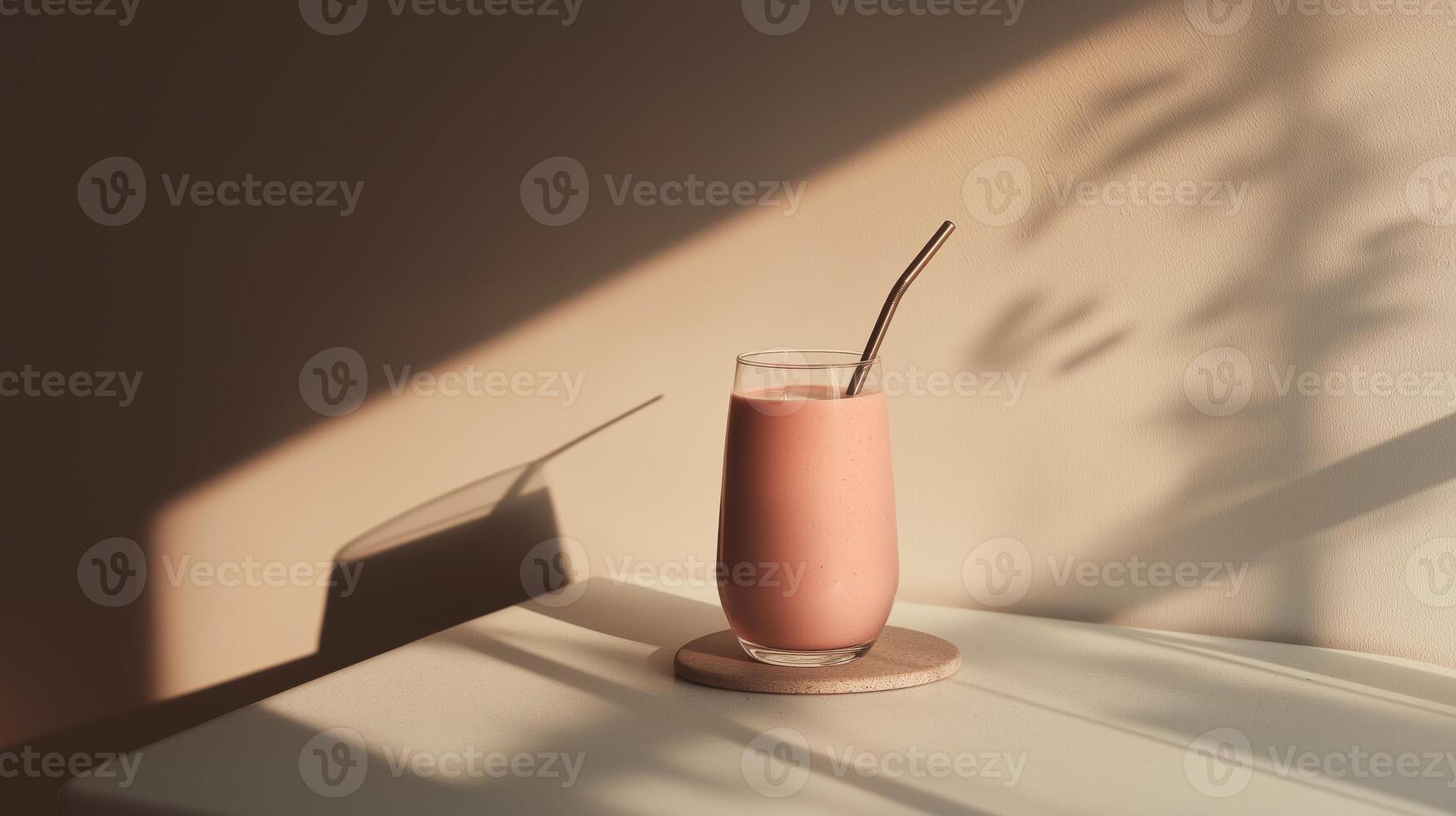 A refreshing smoothie sits in a clear glass on a light-colored table with gentle shadows. photo
