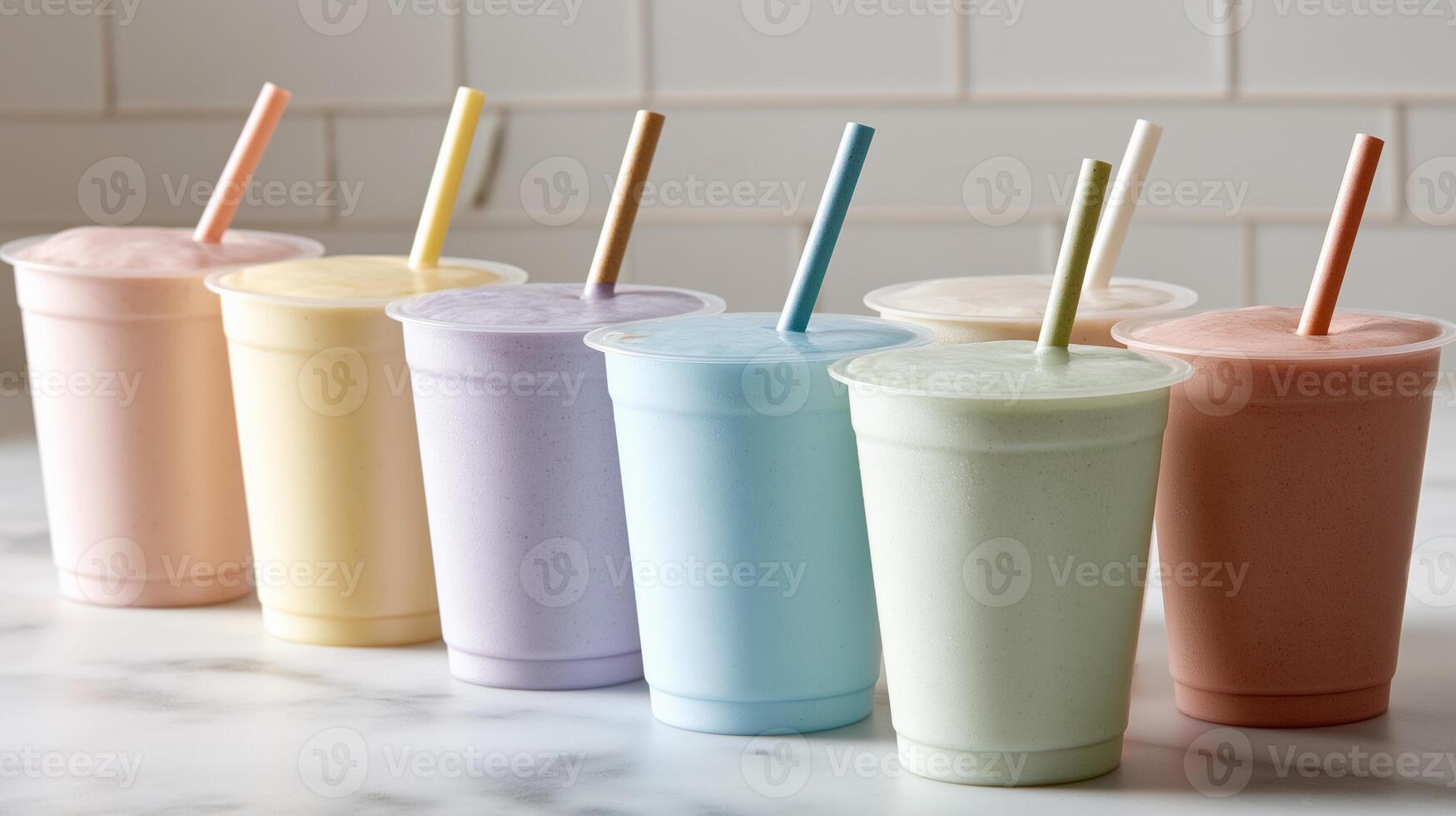 Various milkshakes in pastel colors are lined up in cups on a countertop, ready to be enjoyed. photo