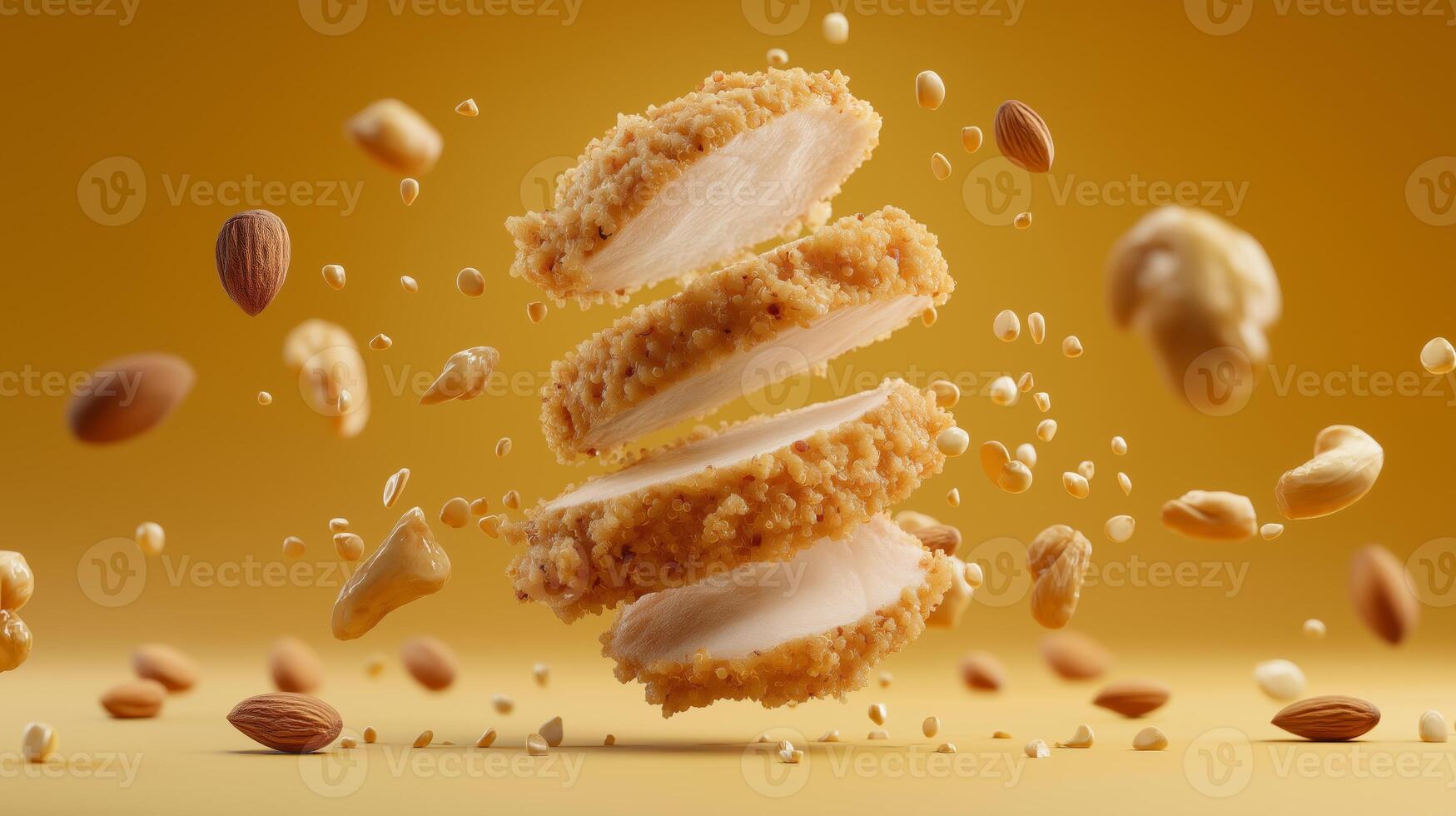 A beautifully arranged dessert made with layers of nut coating and creamy filling hovers in the air. photo