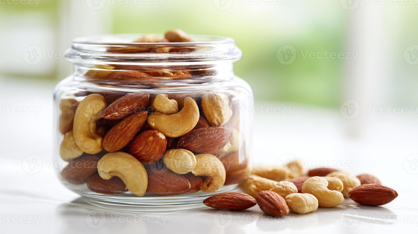 A glass jar of mixed nuts sits on a table, with scattered nuts nearby in soft light. photo