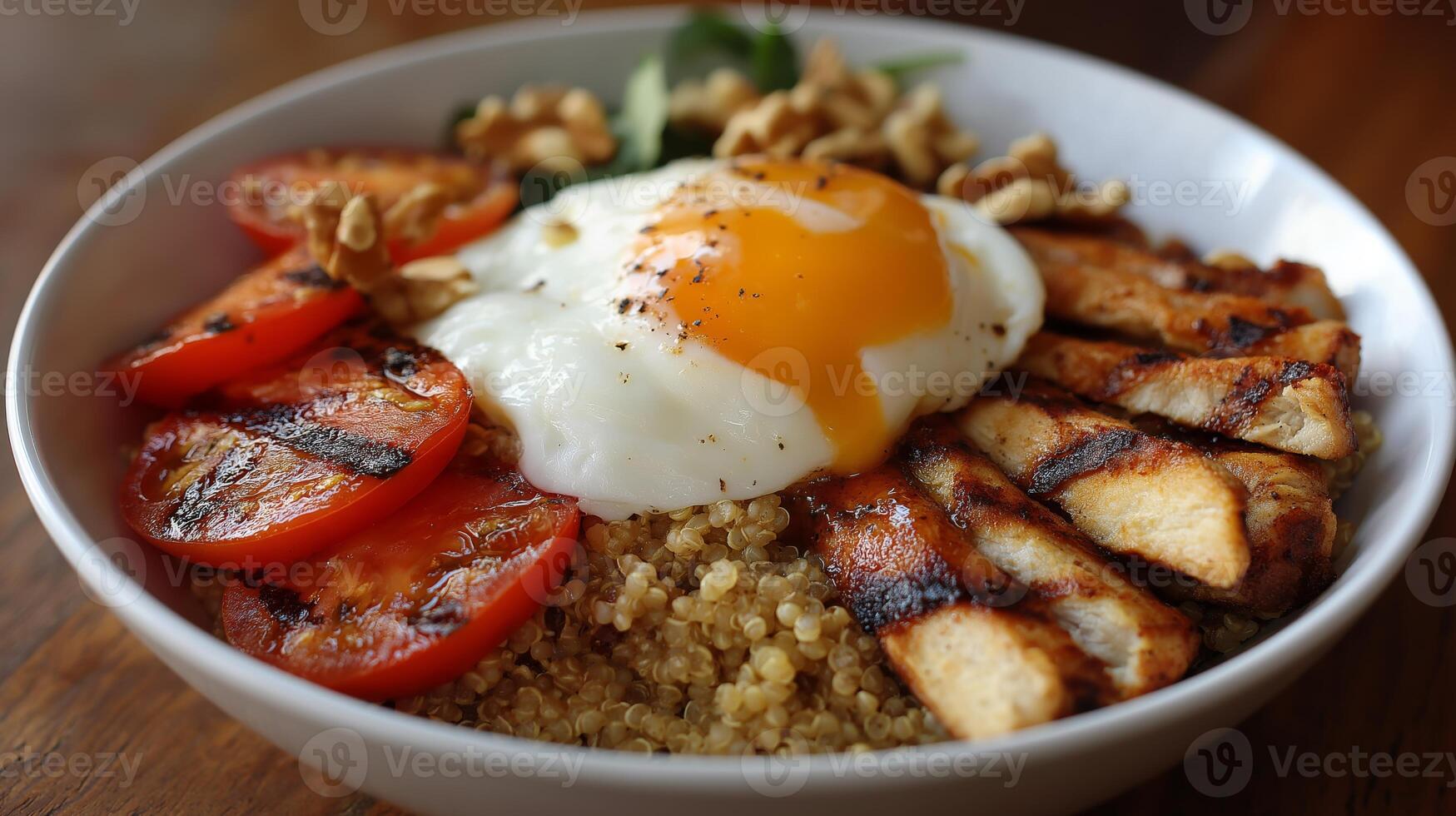 A nutritious bowl filled with grilled chicken, quinoa, a poached egg, and sliced tomatoes. photo