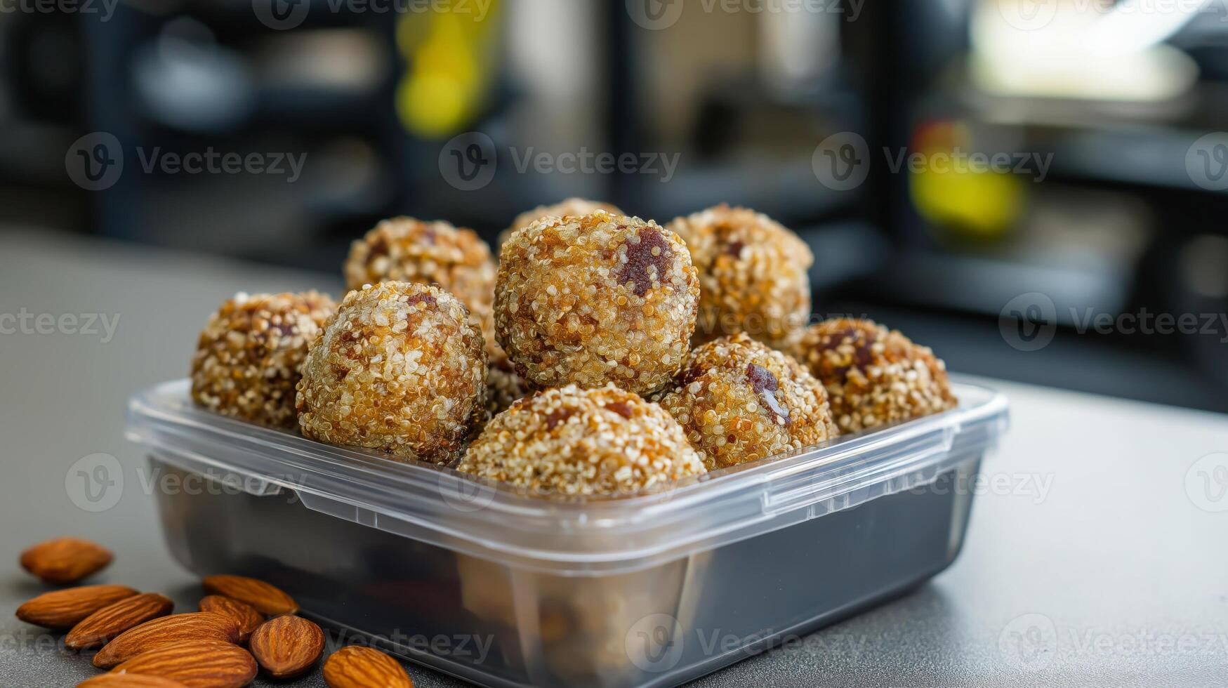 Energy balls made from nuts and seeds are arranged in a container with a few almonds beside it. photo