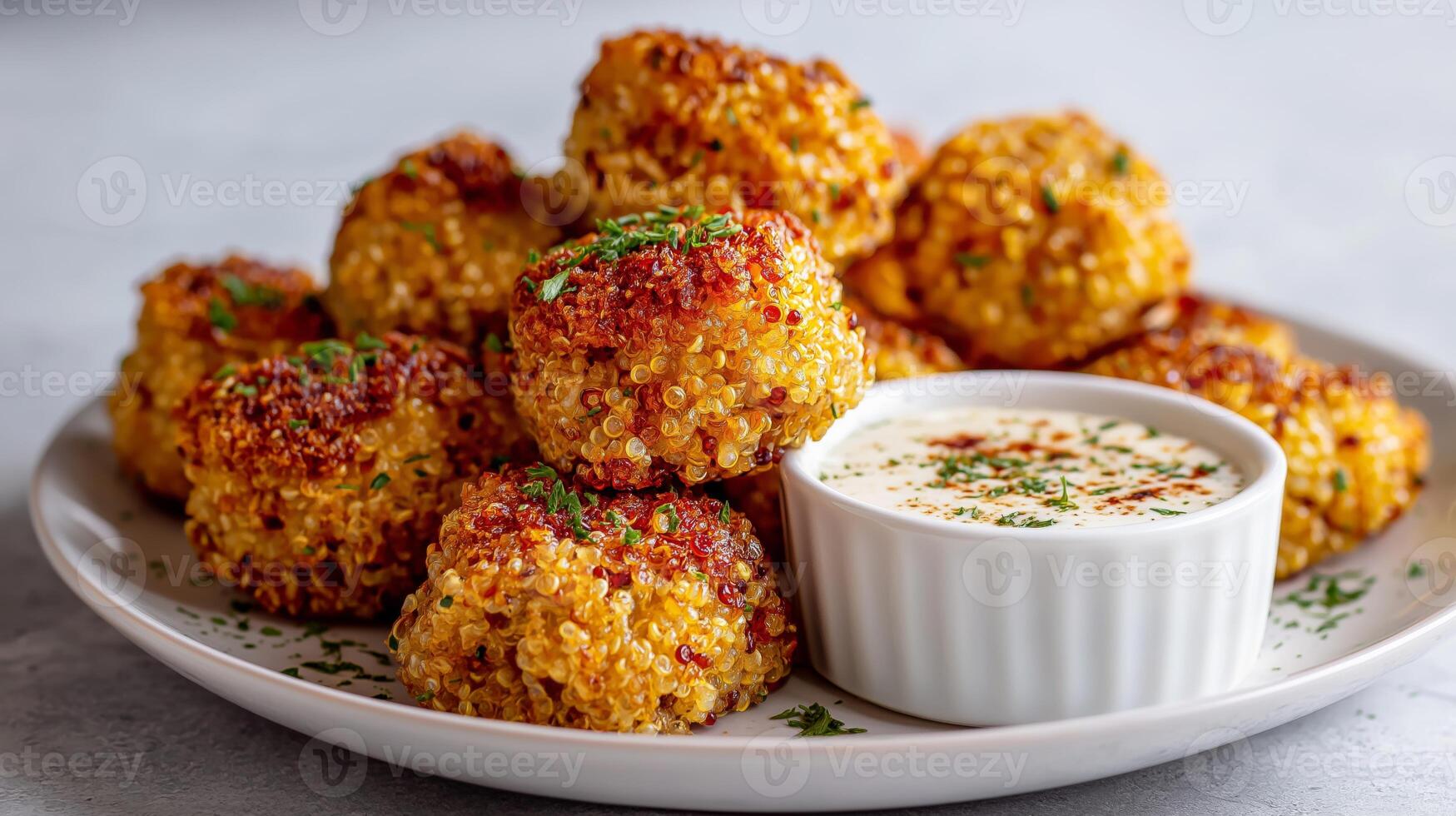 Golden quinoa bites arranged on a plate alongside a creamy dipping sauce and herbs. photo