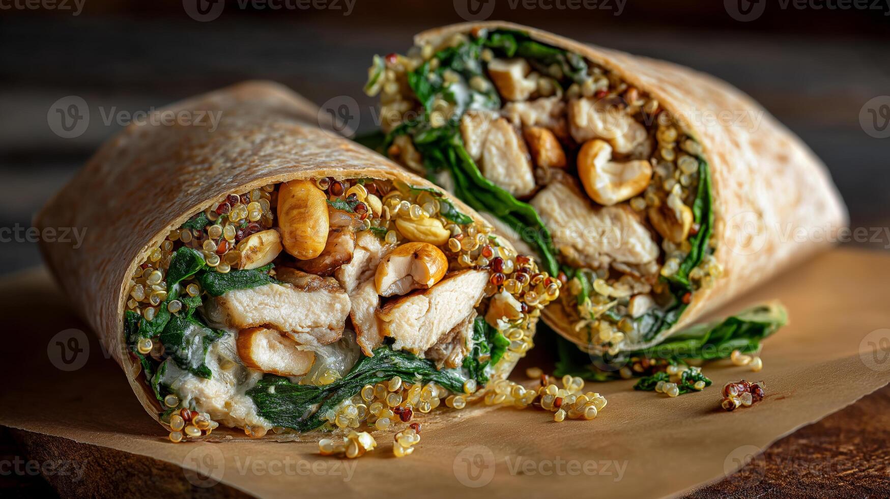Tasty wrap filled with quinoa, chicken, spinach, and nuts, showcasing a healthy meal option. photo