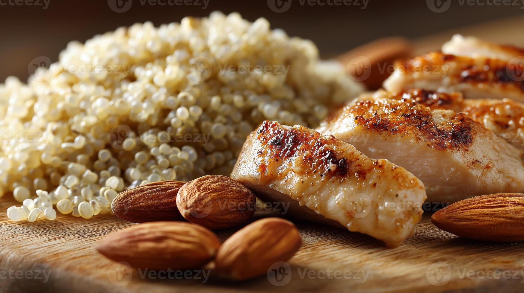 Juicy grilled chicken rests beside fluffy quinoa and crunchy almonds, highlighting a healthy meal. photo
