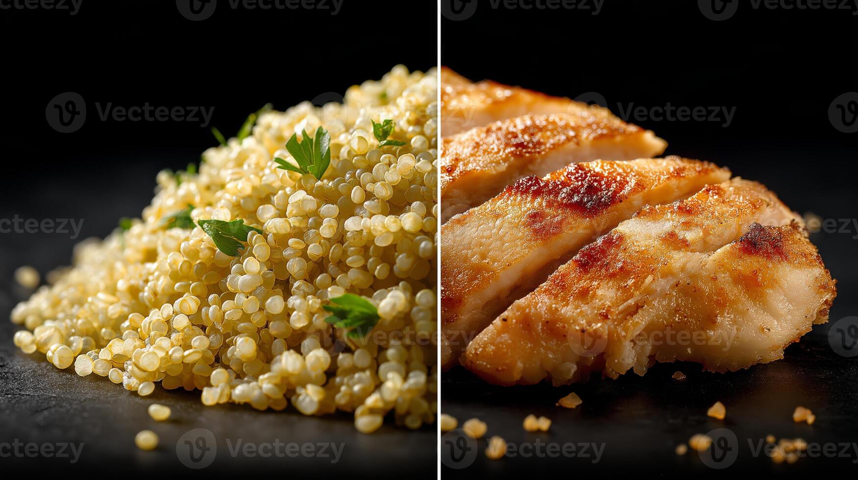 Tender grilled chicken rests beside a mound of fluffy quinoa, garnished with fresh herbs. photo