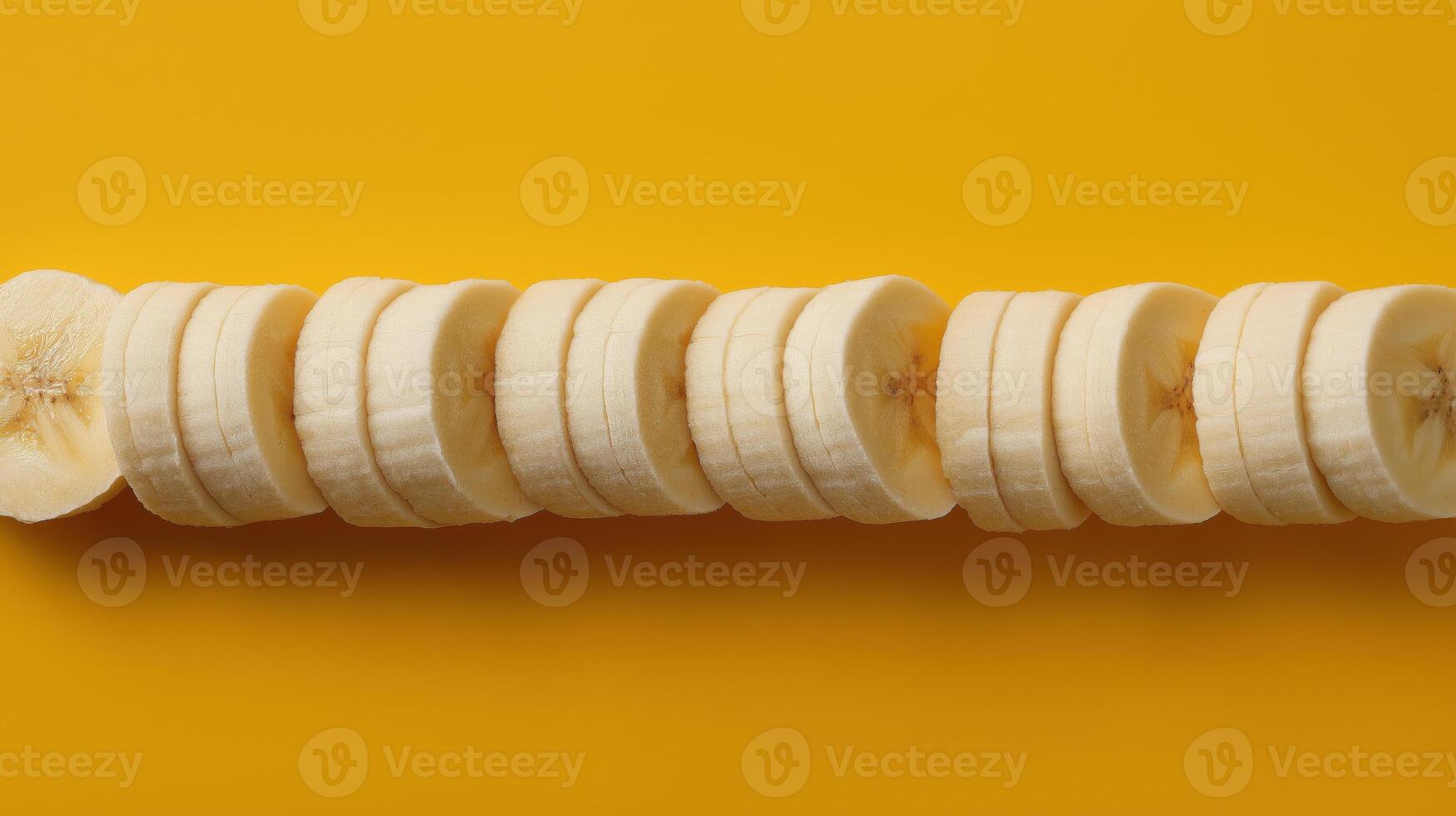 Ripe banana slices are neatly lined up, showcasing their creamy texture against vivid yellow. photo
