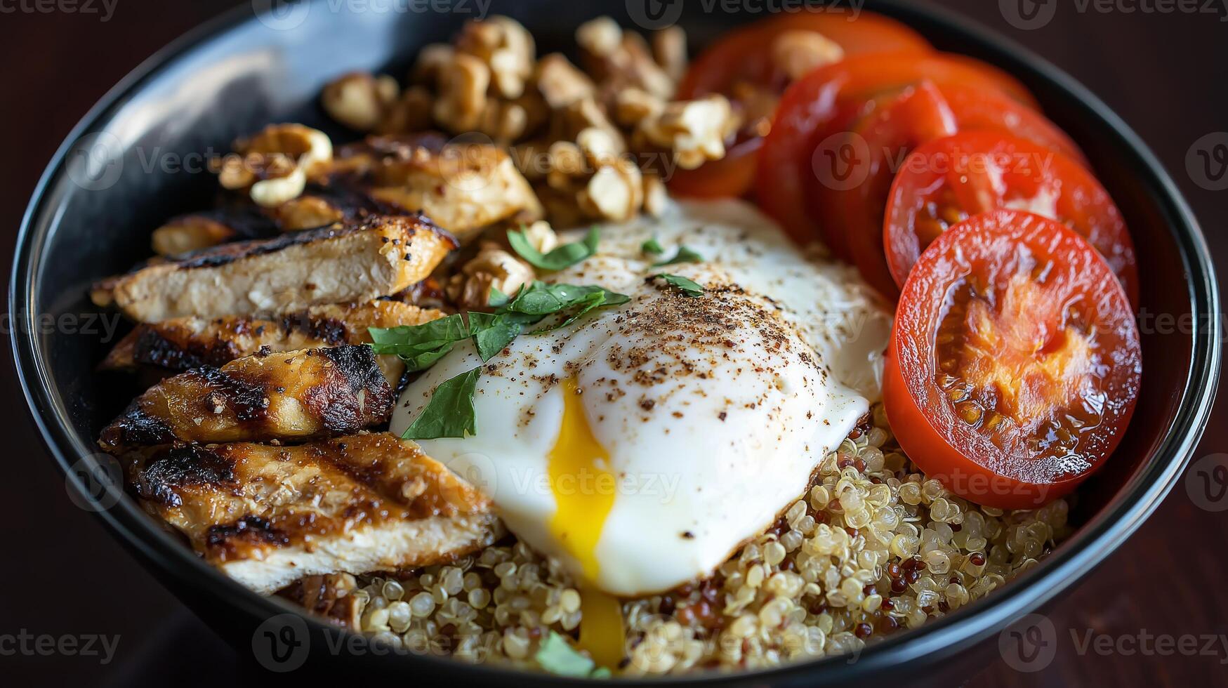 A nutritious bowl features grilled chicken, quinoa, tomatoes, and a perfectly poached egg on top. photo