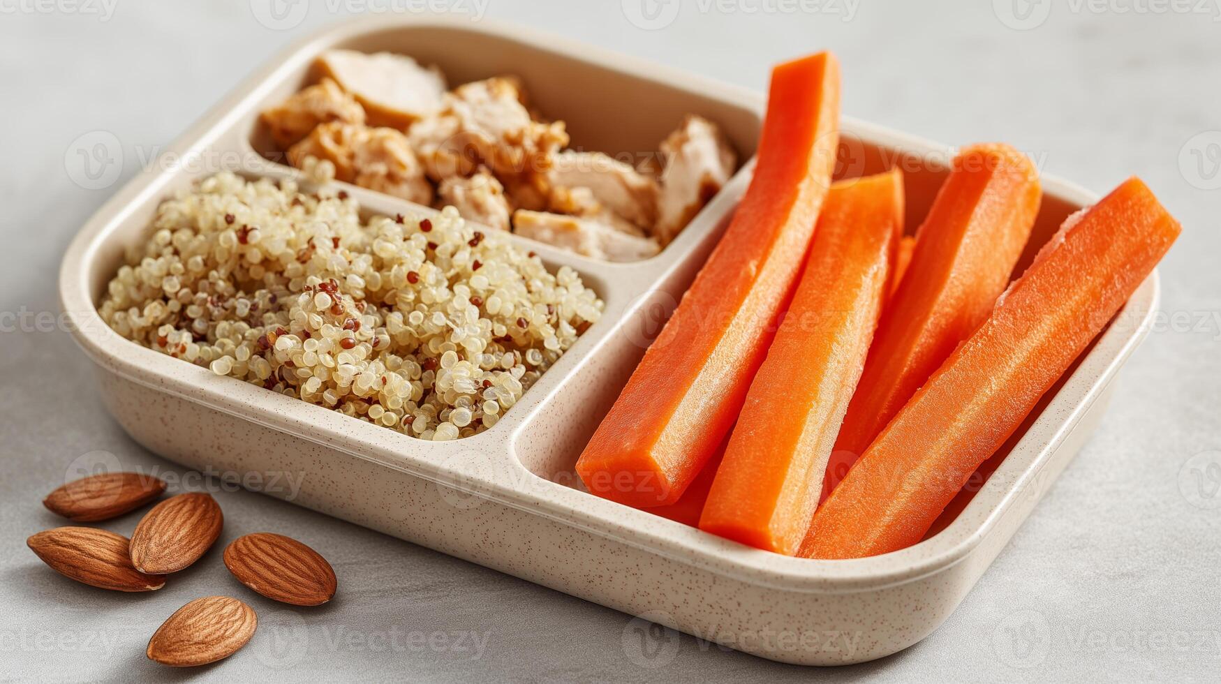 Quinoa, grilled chicken pieces, and fresh carrot sticks are neatly arranged for healthy eating. photo