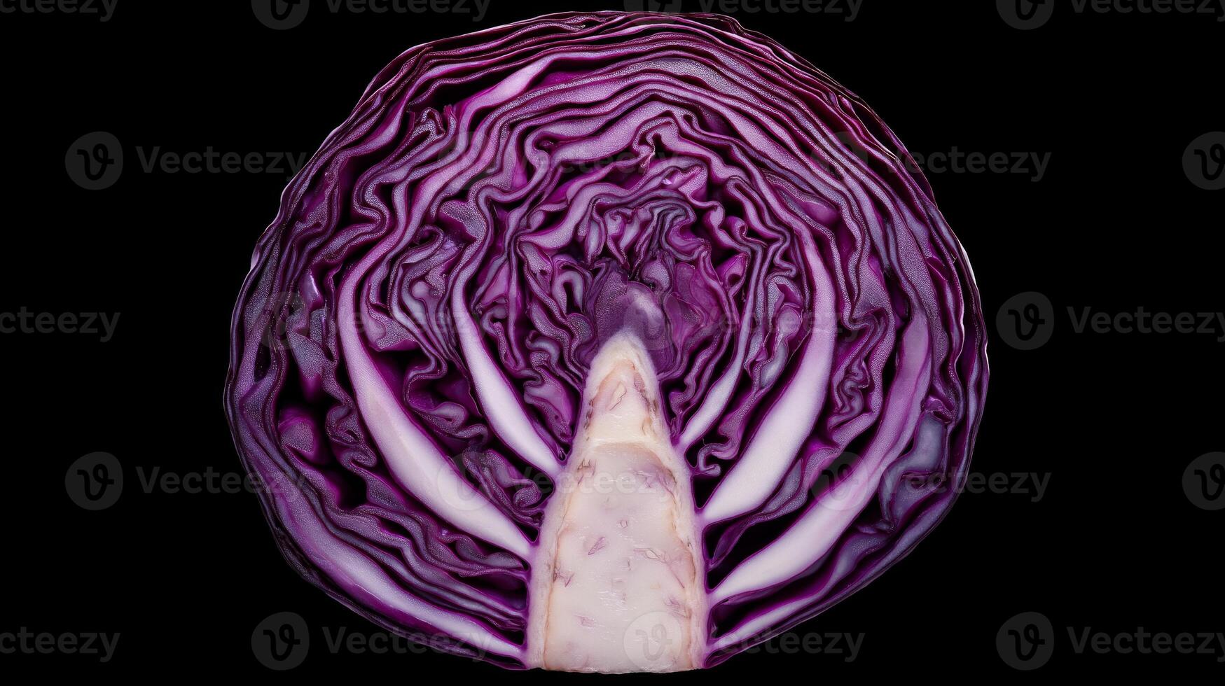 Beautifully detailed cross-section of a purple cabbage reveals mesmerizing layers and textures. photo