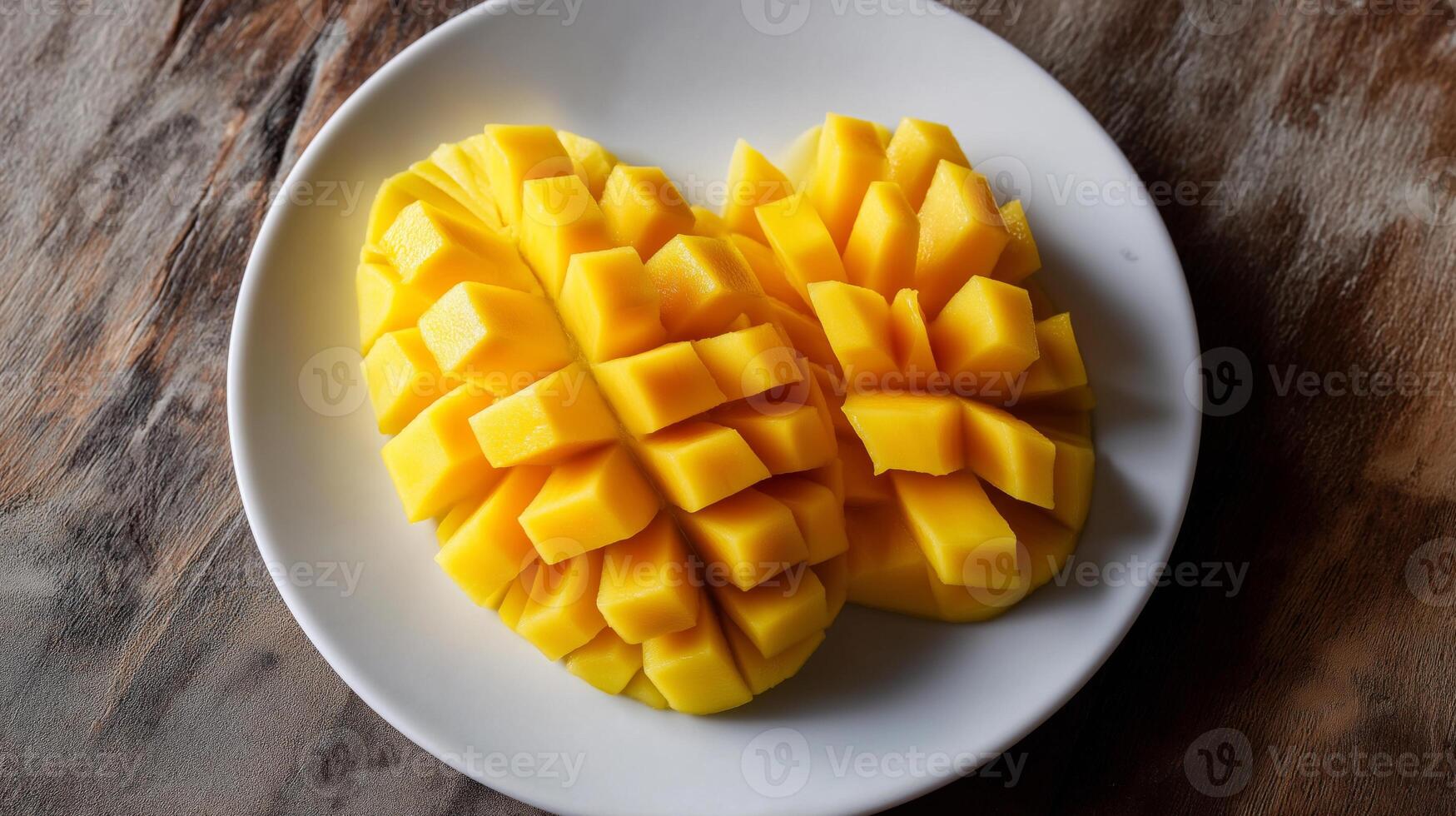 Juicy mango slices are artistically arranged on a white plate, highlighting their vibrant color. photo