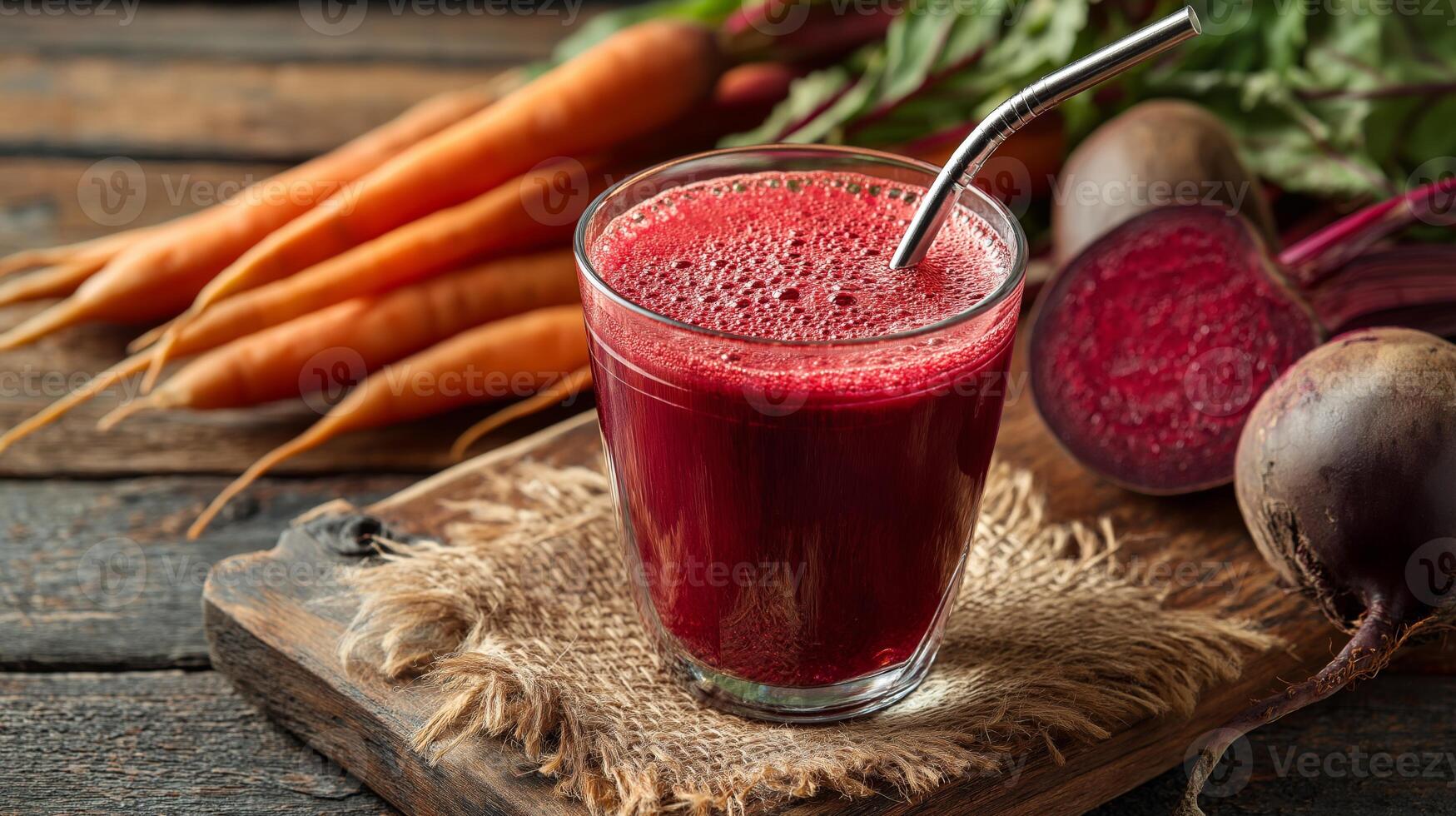 Bright red juice made from beets and carrots sits in a glass beside fresh vegetables. photo