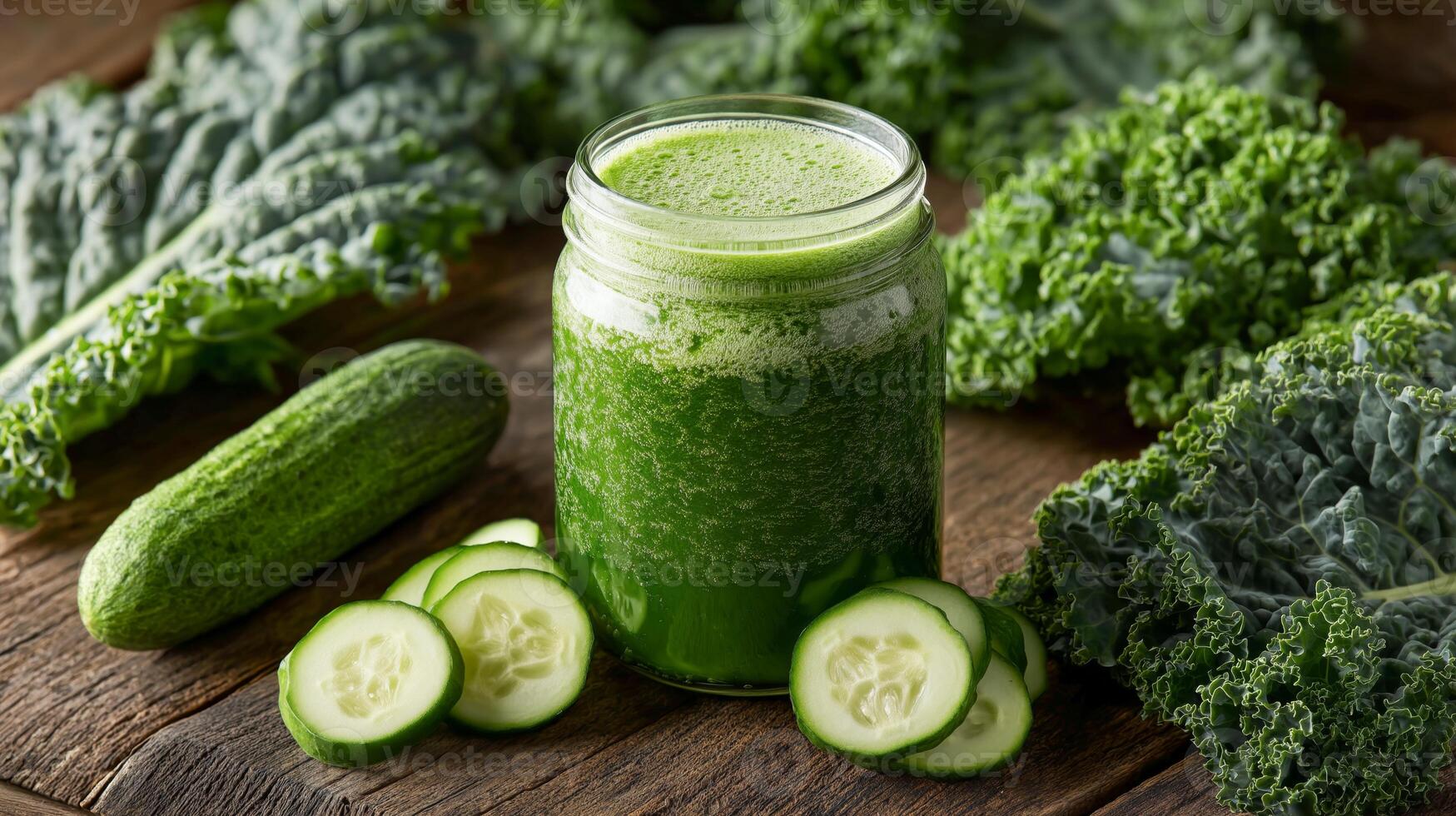 A vibrant smoothie blends kale and cucumber, showcasing healthy ingredients perfect for refreshment. photo