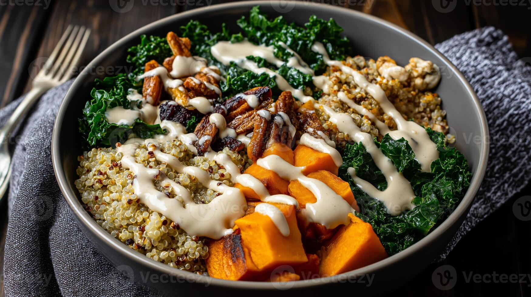 A delicious bowl featuring quinoa, kale, sweet potato, and drizzled tahini sauce on a rustic table. photo