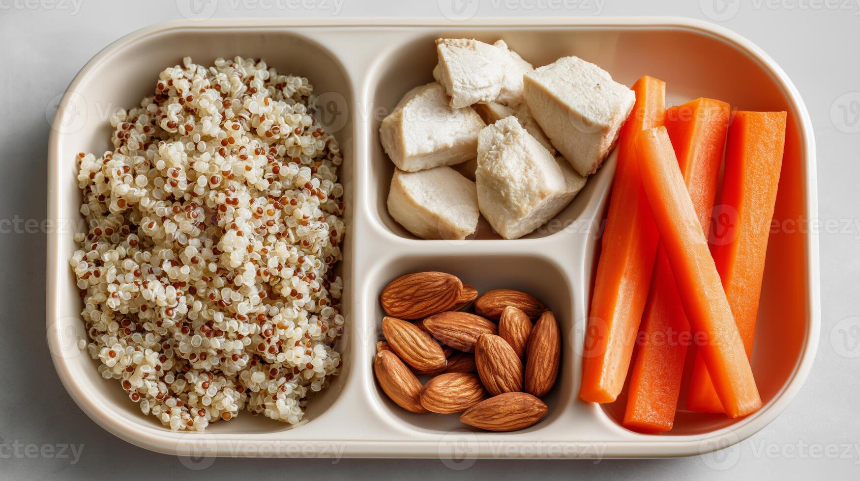Quinoa served with diced chicken, fresh carrot sticks, and almonds provides a balanced meal. photo