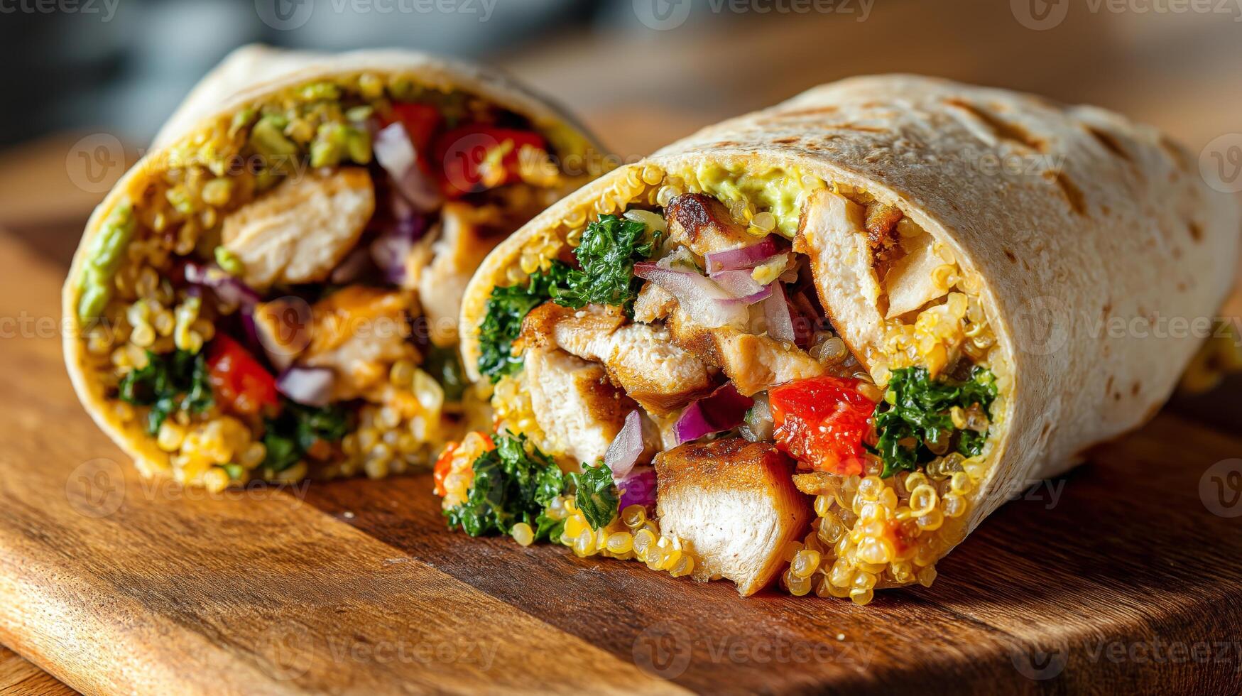 A chicken quinoa burrito filled with colorful vegetables rests on a wooden surface. photo