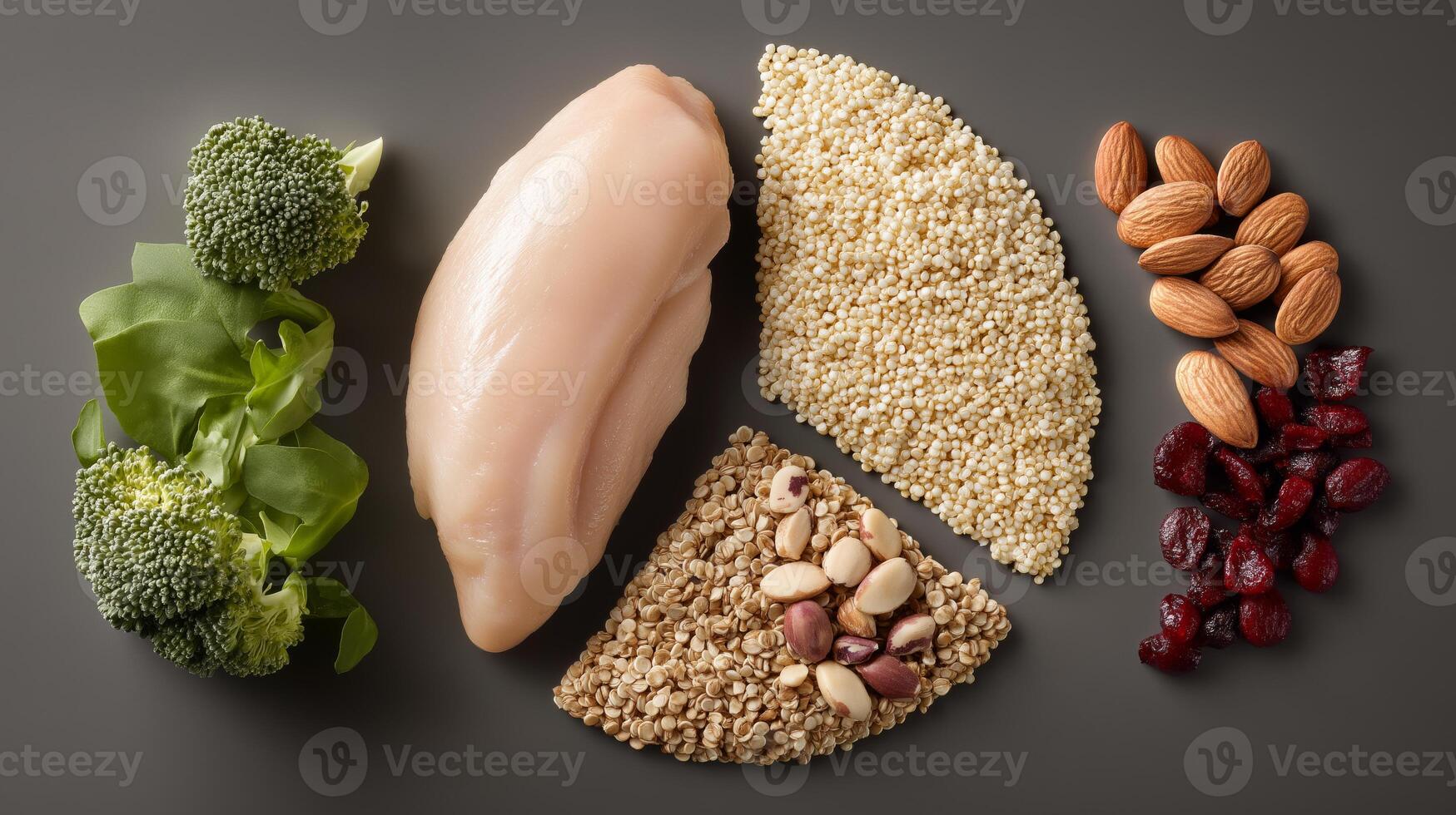 Fresh chicken breast, grains, nuts, and greens arranged for a nutritious meal prep. photo