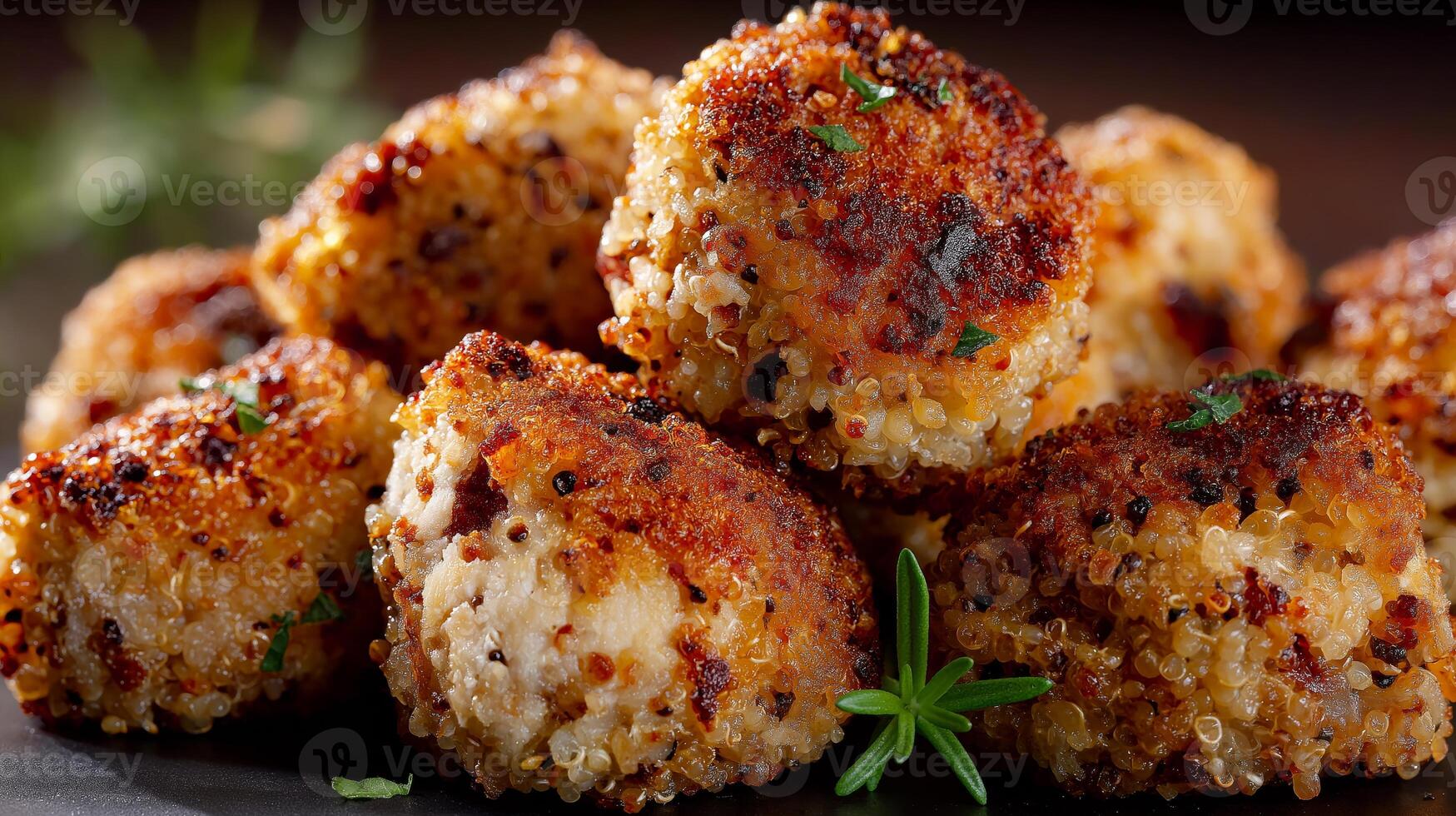Golden quinoa balls are garnished with fresh herbs and served on a dark plate, ready to be enjoyed. photo