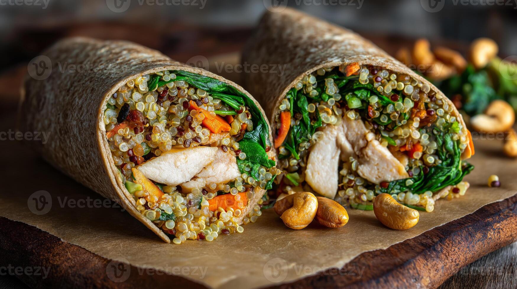 Two quinoa and chicken wraps are displayed, filled with vibrant vegetables and cashews. photo