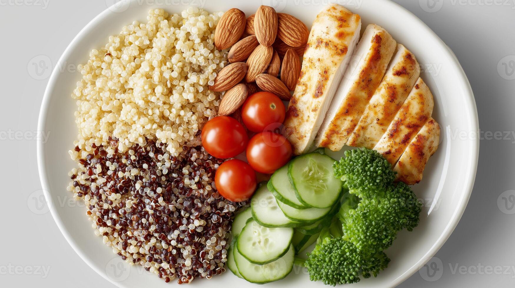 Grilled chicken slices accompanied by quinoa, cherry tomatoes, cucumbers, broccoli, and almonds. photo