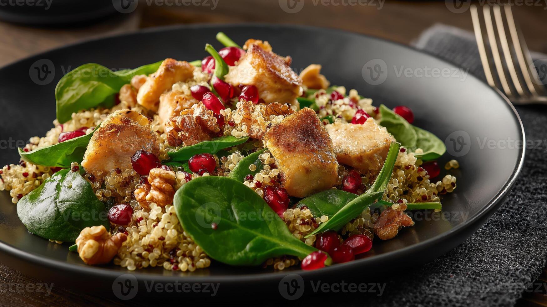 Fresh quinoa salad featuring tender chicken, spinach, and pomegranate seeds garnished with walnuts. photo