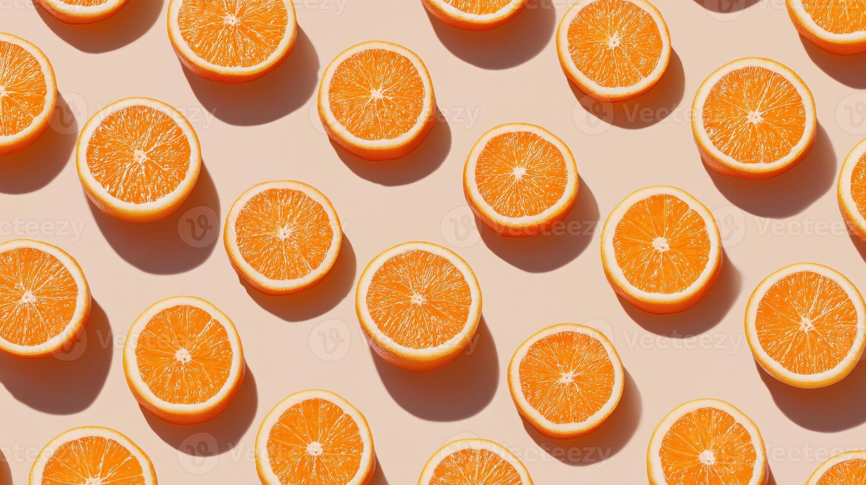 Fresh orange halves showcase their juicy segments on a light surface in a vibrant pattern. photo