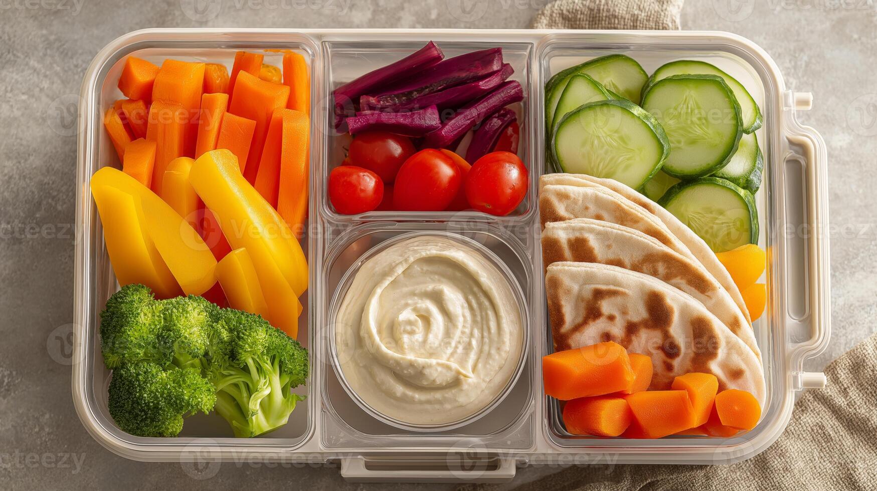 Nutritious veggies and pita with creamy hummus in a lunch container. photo