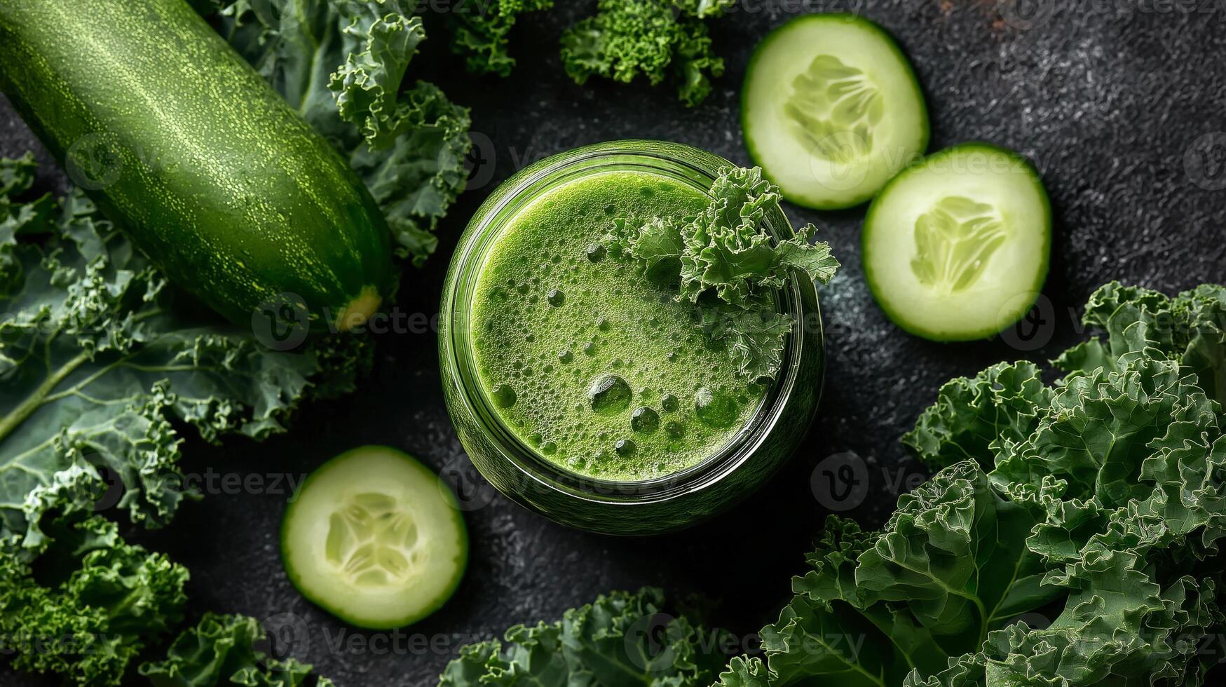 A green smoothie with kale and cucumber showcases fresh, healthy ingredients. photo