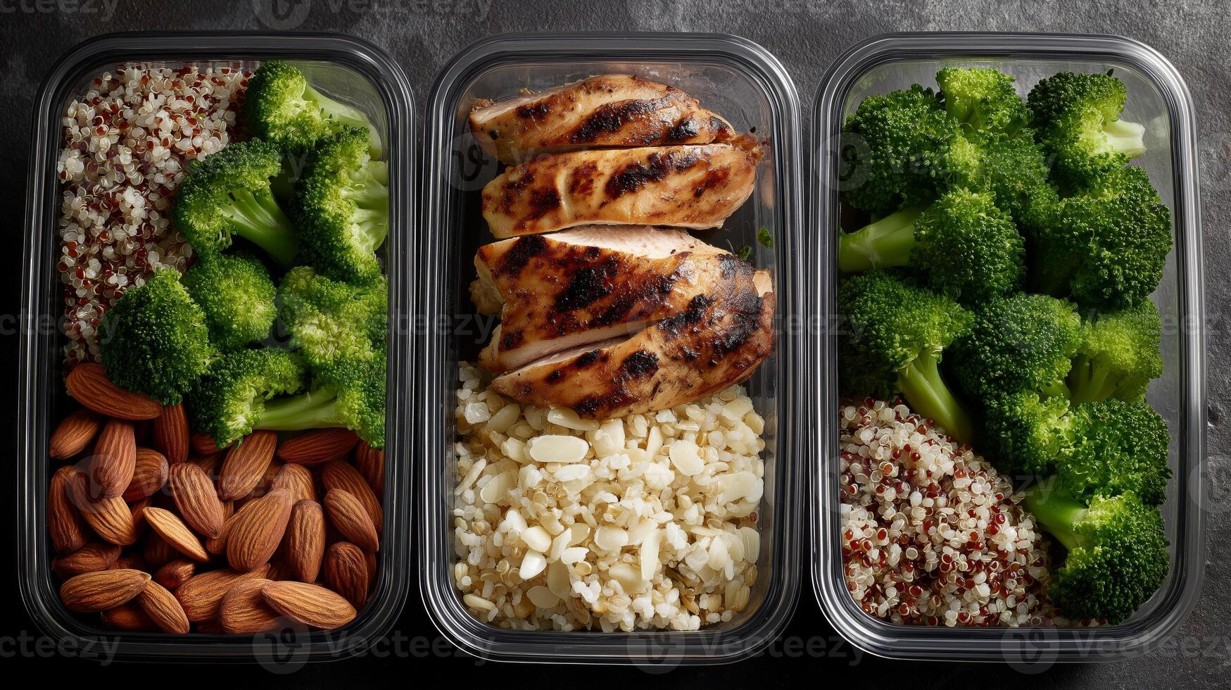 Meal prep displays grilled chicken, quinoa, broccoli, and almonds arranged in containers. photo