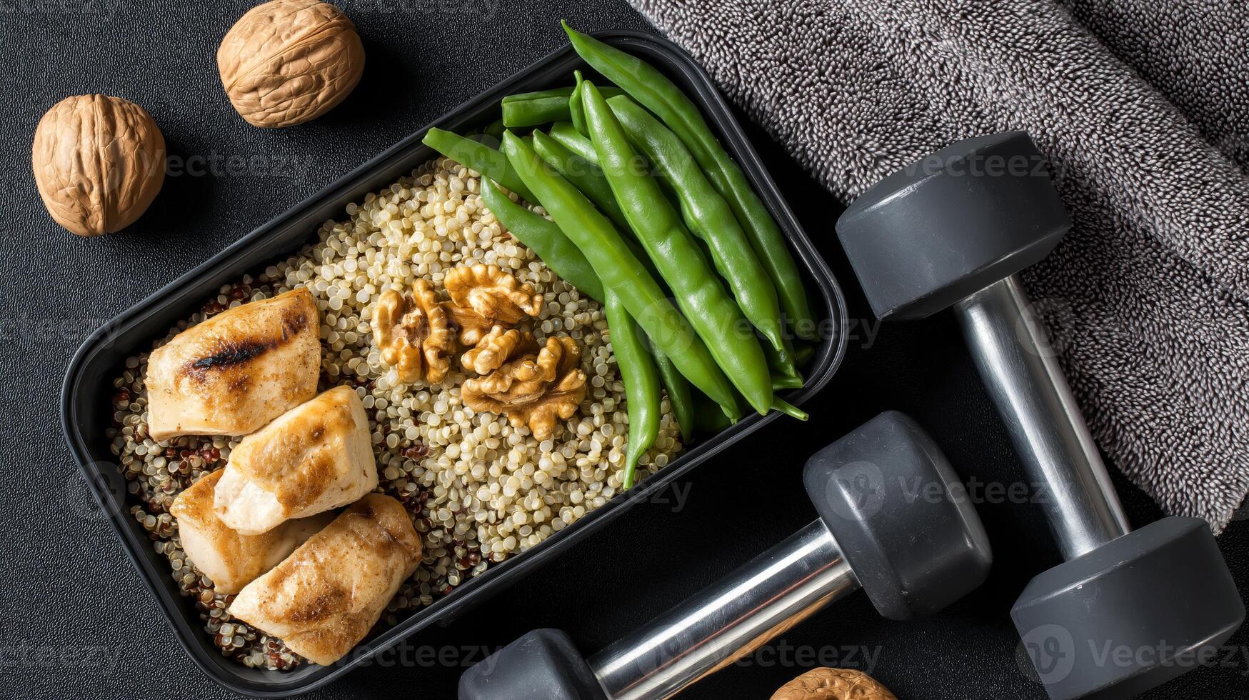 Prepared meal with grilled chicken, quinoa, and green beans alongside dumbbells and walnuts. photo