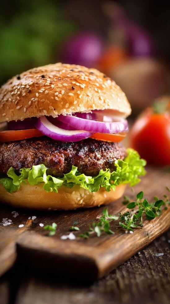 Juicy Beef Burger With Fresh Toppings on a Wooden Board With Vibrant Vegetables Around photo