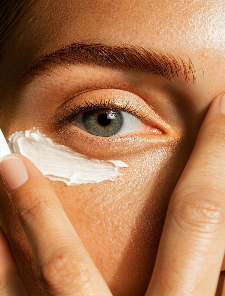 Woman Applying Skincare Cream on Forehead to Nourish and Hydrate Her Skin During Morning Routine. photo
