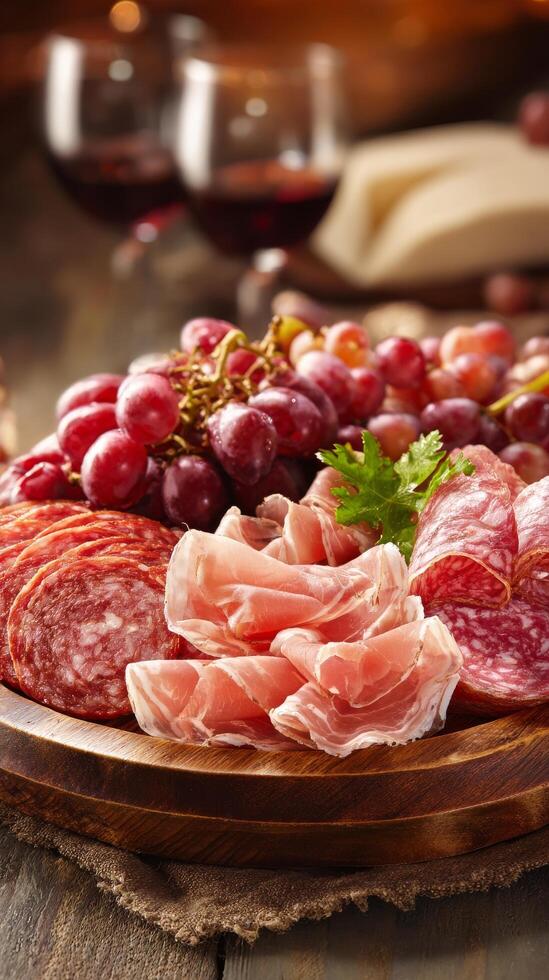 Assorted Meats and Fresh Grapes on Wooden Board With Wine Glasses in Warm Setting photo