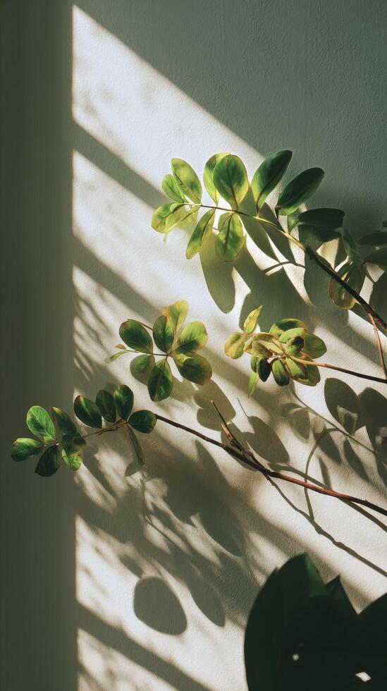 Green Leaves Cast Intricate Shadows on a Textured White Wall in Soft Natural Light. photo