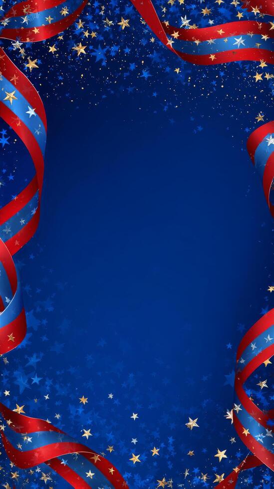 Bright Red and Blue Ribbons With Golden Stars Against a Blue Background for Festive Occasions photo