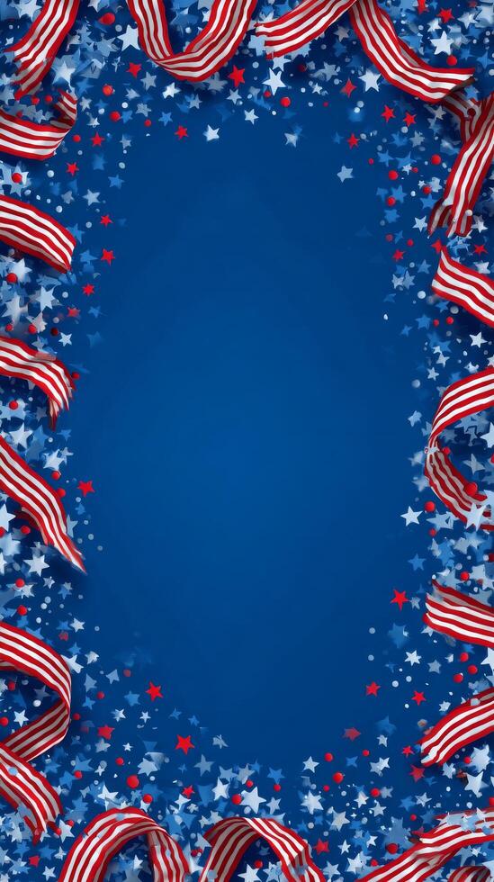 Festive Blue Background With Red and White Ribbons and Stars for Celebration photo